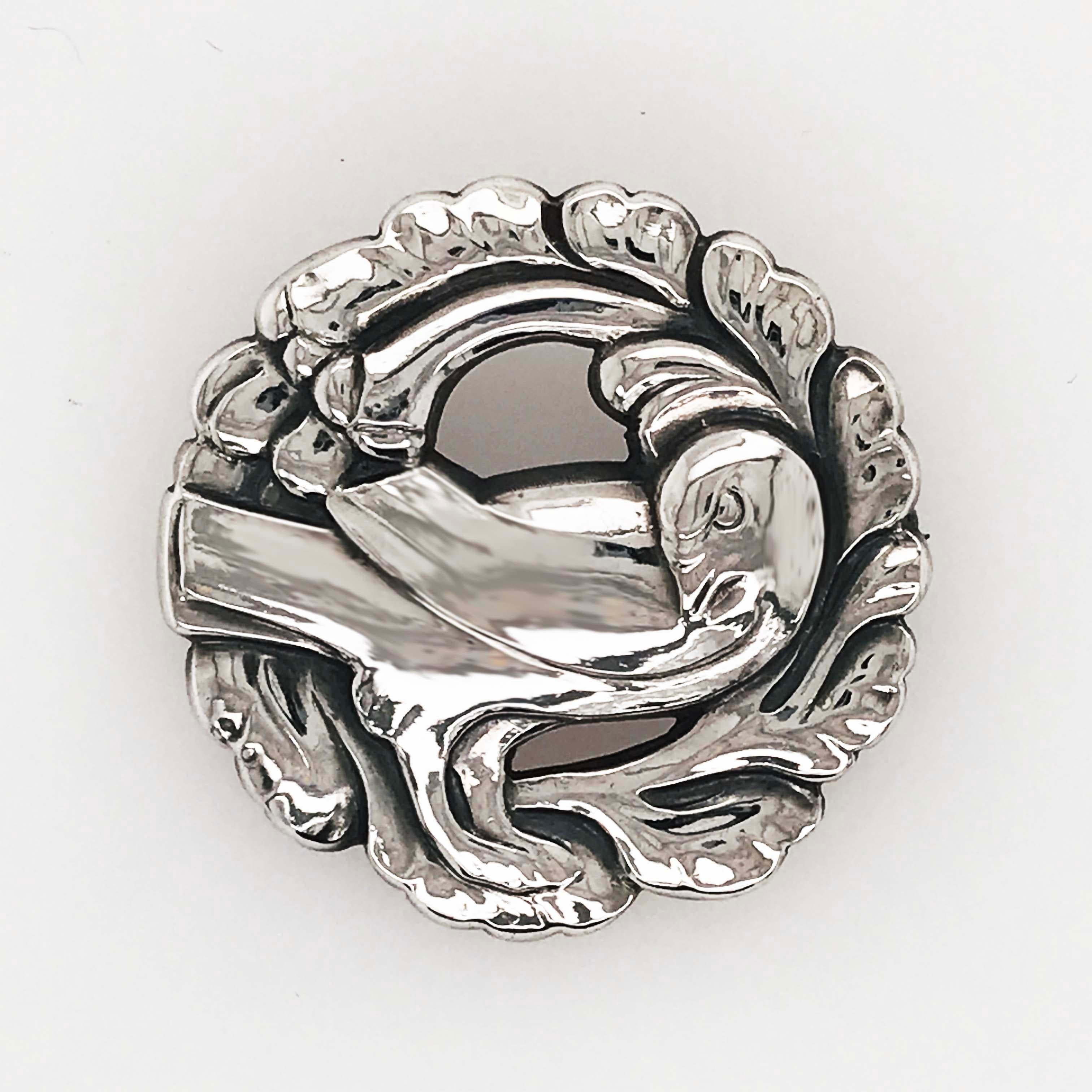 Original Georg Jensen 1945, Art Nouveau Denmark Bird Sterling Silver Bird Pin In Excellent Condition In Austin, TX