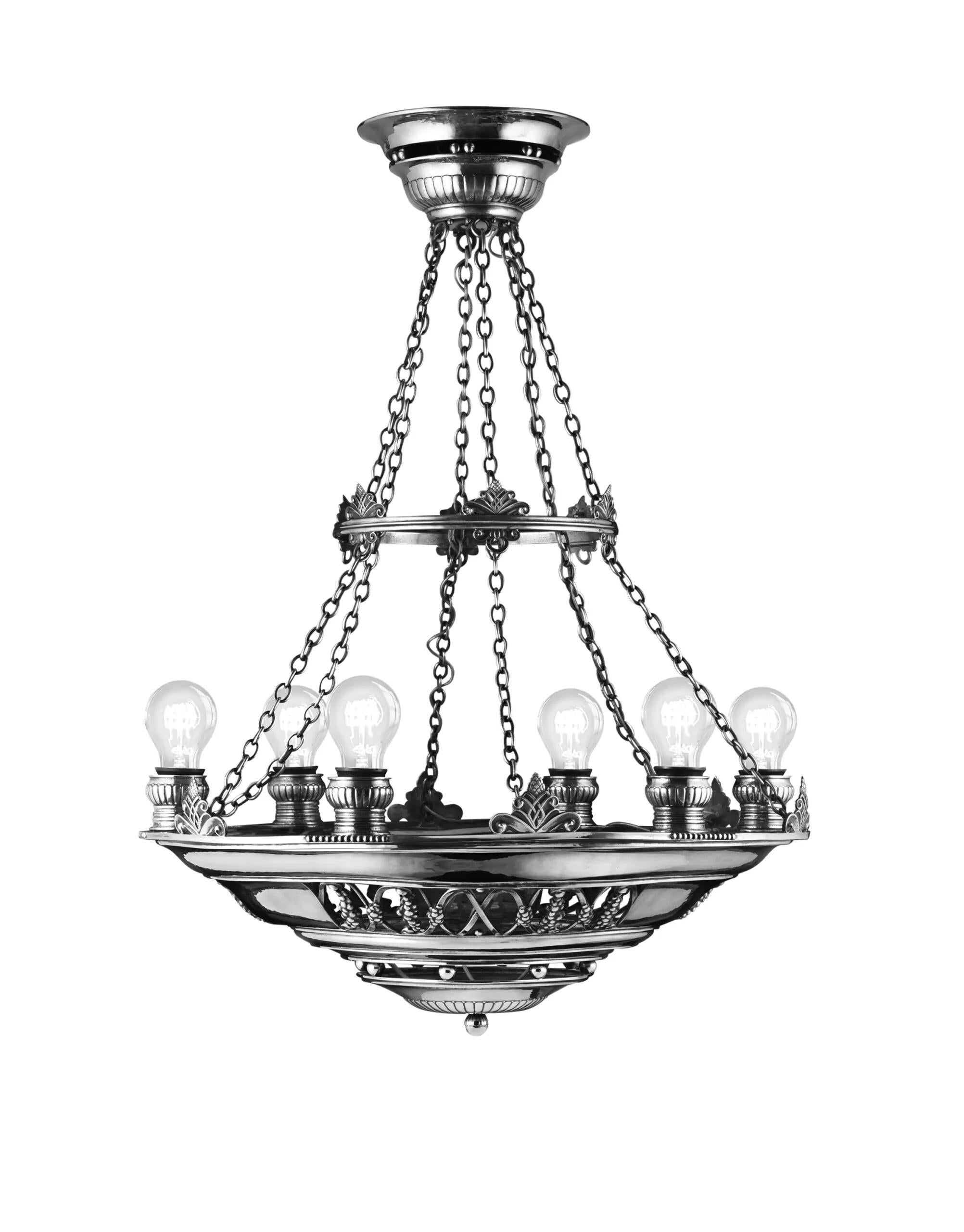 Considered the rarest piece of Georg Jensen on the open market and perhaps in the world; The original Georg Jensen silver six light chandelier #307, designed by Johan Rohde in 1918. Georg Jensen's first retail store in Bredgade 21 did not reflect
