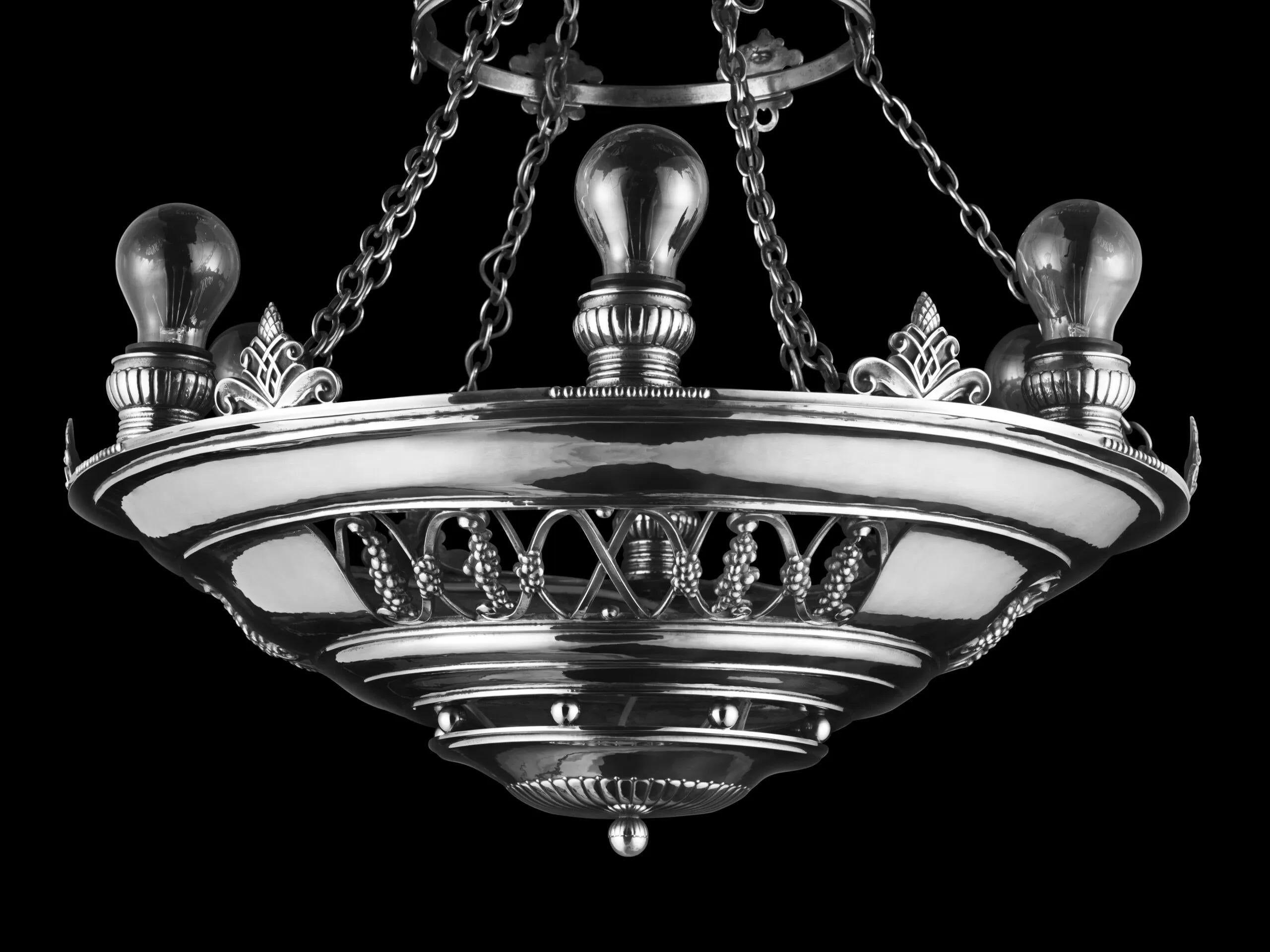 Hand-Crafted Original Georg Jensen Silver Six Light Chandelier 307 For Sale