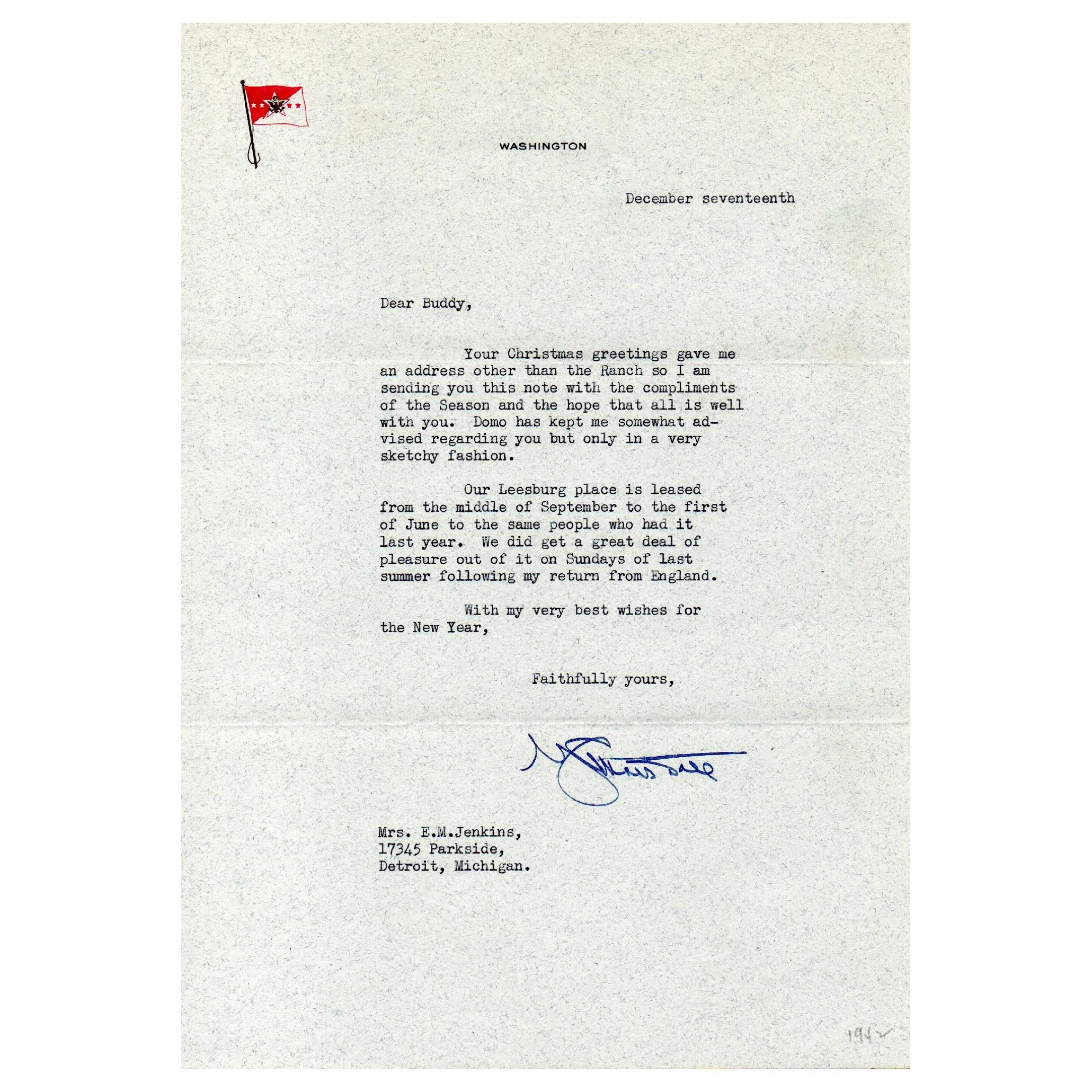 George C. Marshall War Dated and Signed Letter to E. M. Jenkins, 1942