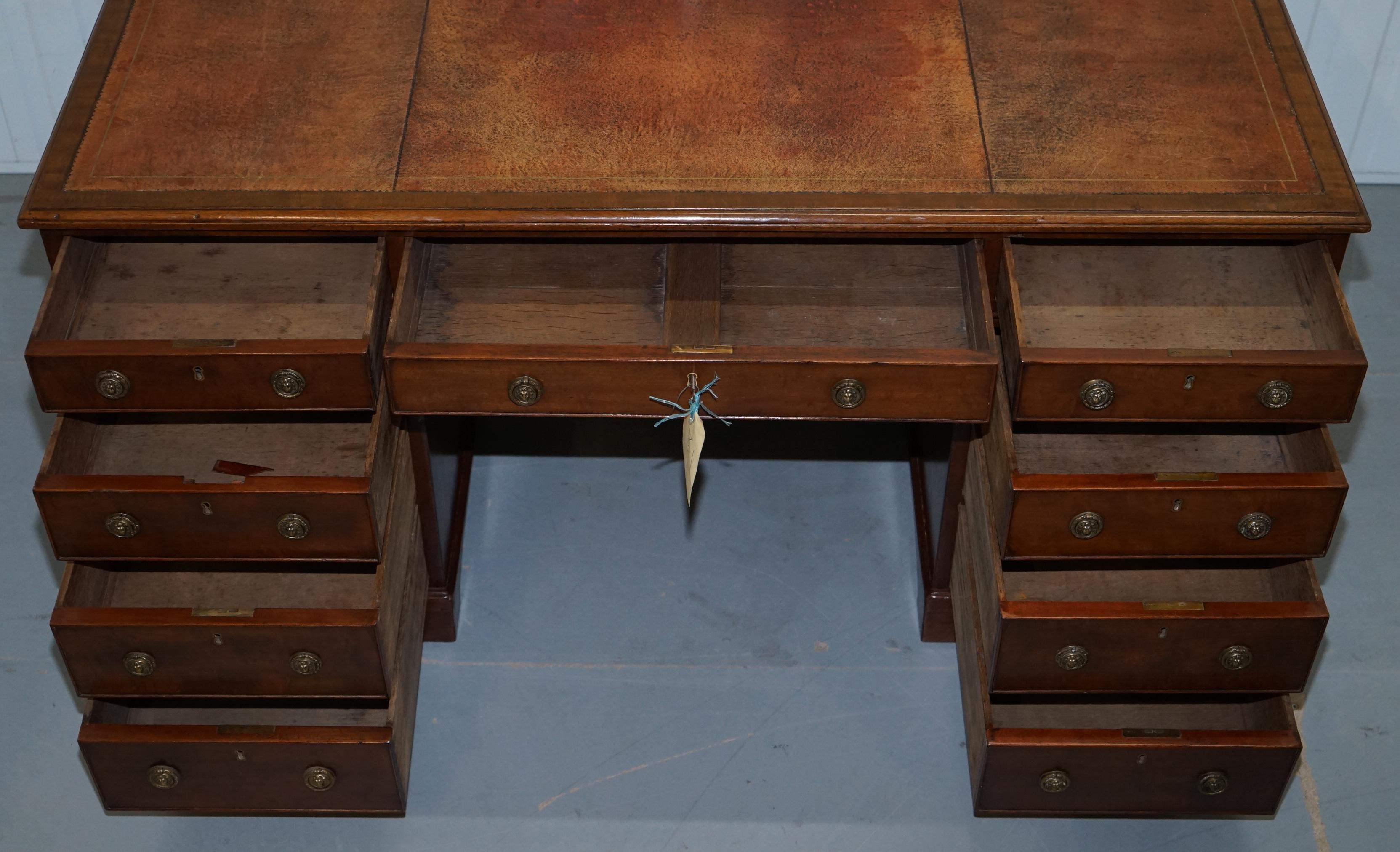 Original George III circa 1780 Double Sided Walnut Partner Desk Lion Head Handle For Sale 6