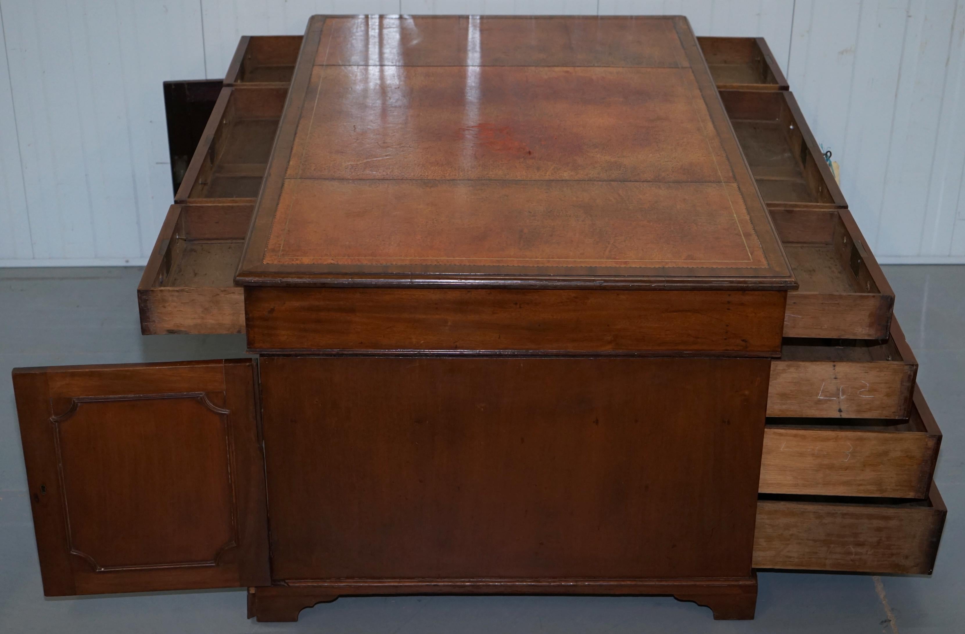 Original George III circa 1780 Double Sided Walnut Partner Desk Lion Head Handle For Sale 7