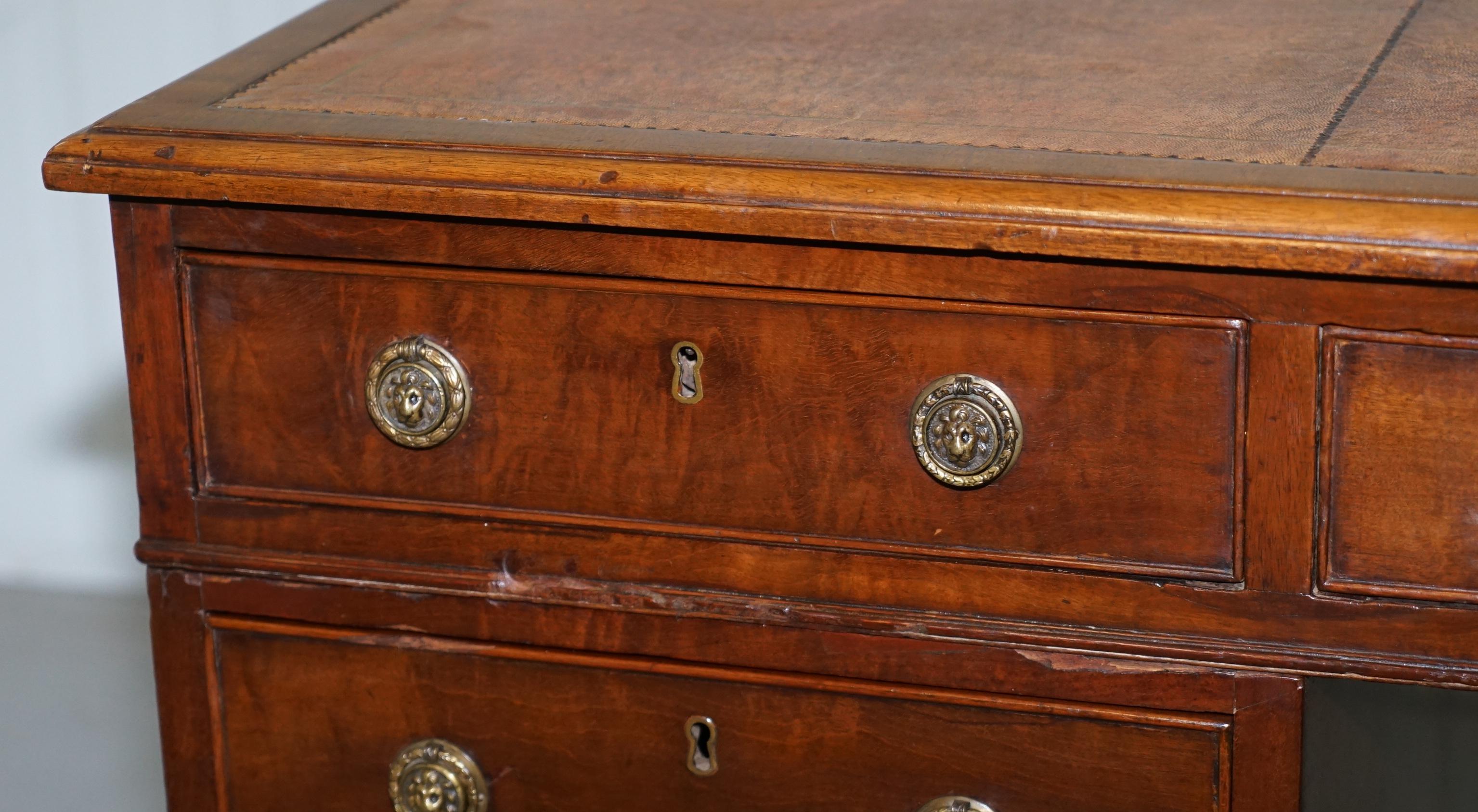 Late 18th Century Original George III circa 1780 Double Sided Walnut Partner Desk Lion Head Handle For Sale