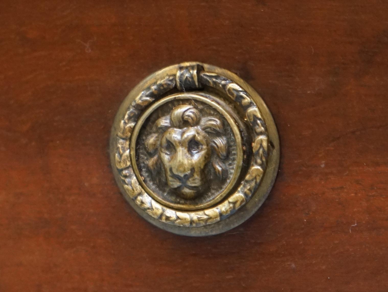 Leather Original George III circa 1780 Double Sided Walnut Partner Desk Lion Head Handle For Sale