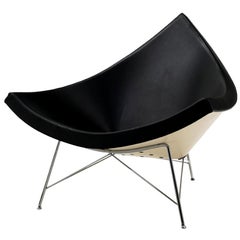 Original George Nelson Coconut Chair, Vitra, Black Leather, White Shell, Chrome