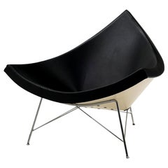 Original George Nelson Coconut Chair, Vitra, Black Leather, White Shell, Chrome