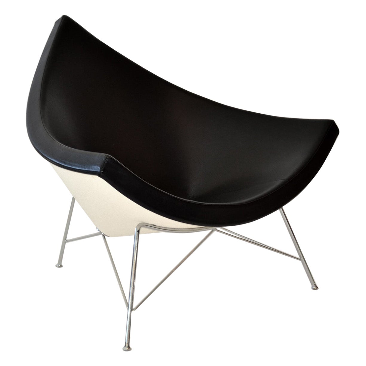 Sedia originale George Nelson Coconut, Vitra, pelle nera, scocca bianca, cromo