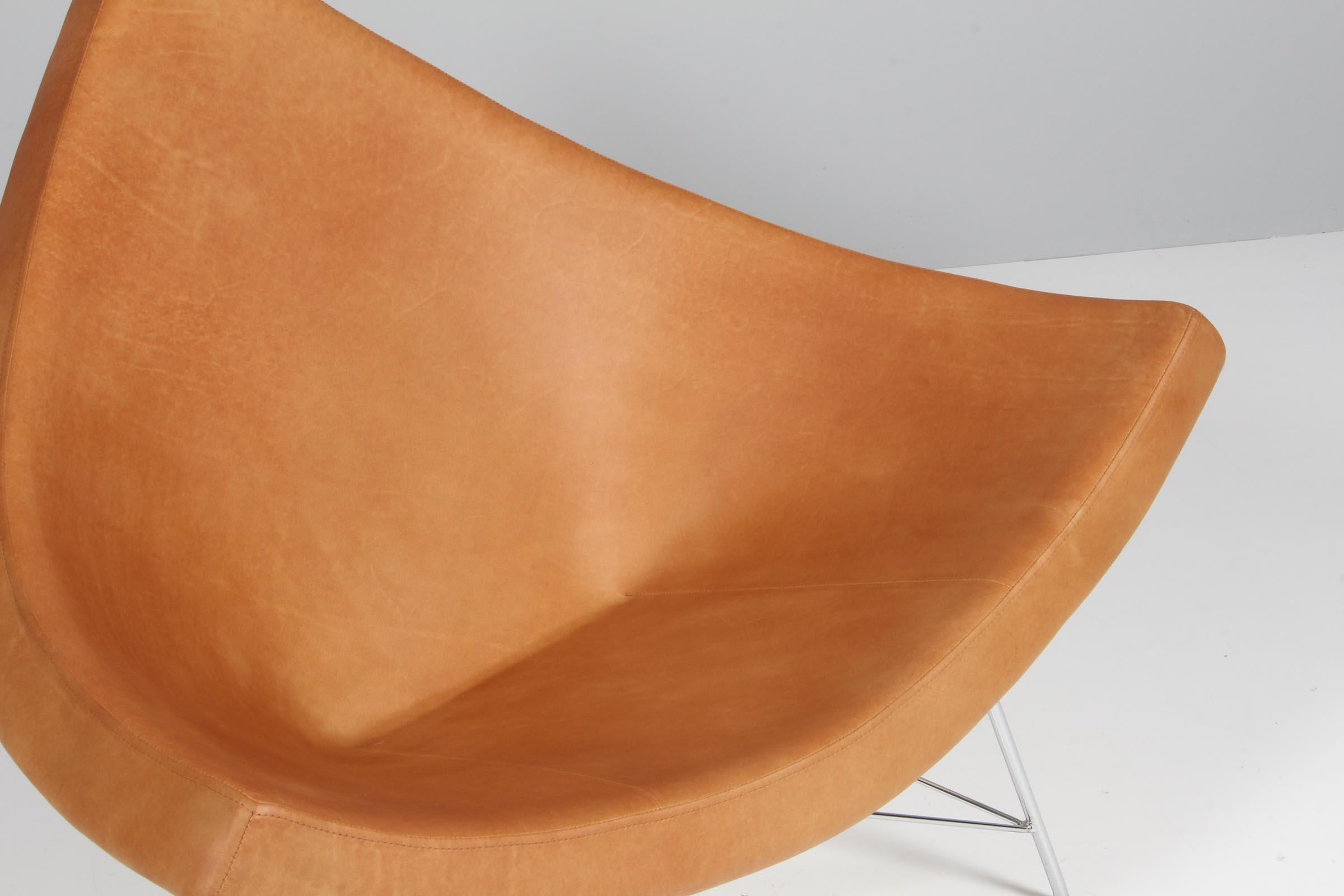 Originaler George Nelson-Stuhl aus Kokosnussholz, Vitra, braunes Leder, weiße Muschel, Chrom (Schweizerisch)