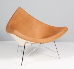 Original George Nelson Coconut Chair, Vitra, Tan Leather, White Shell, Chrome