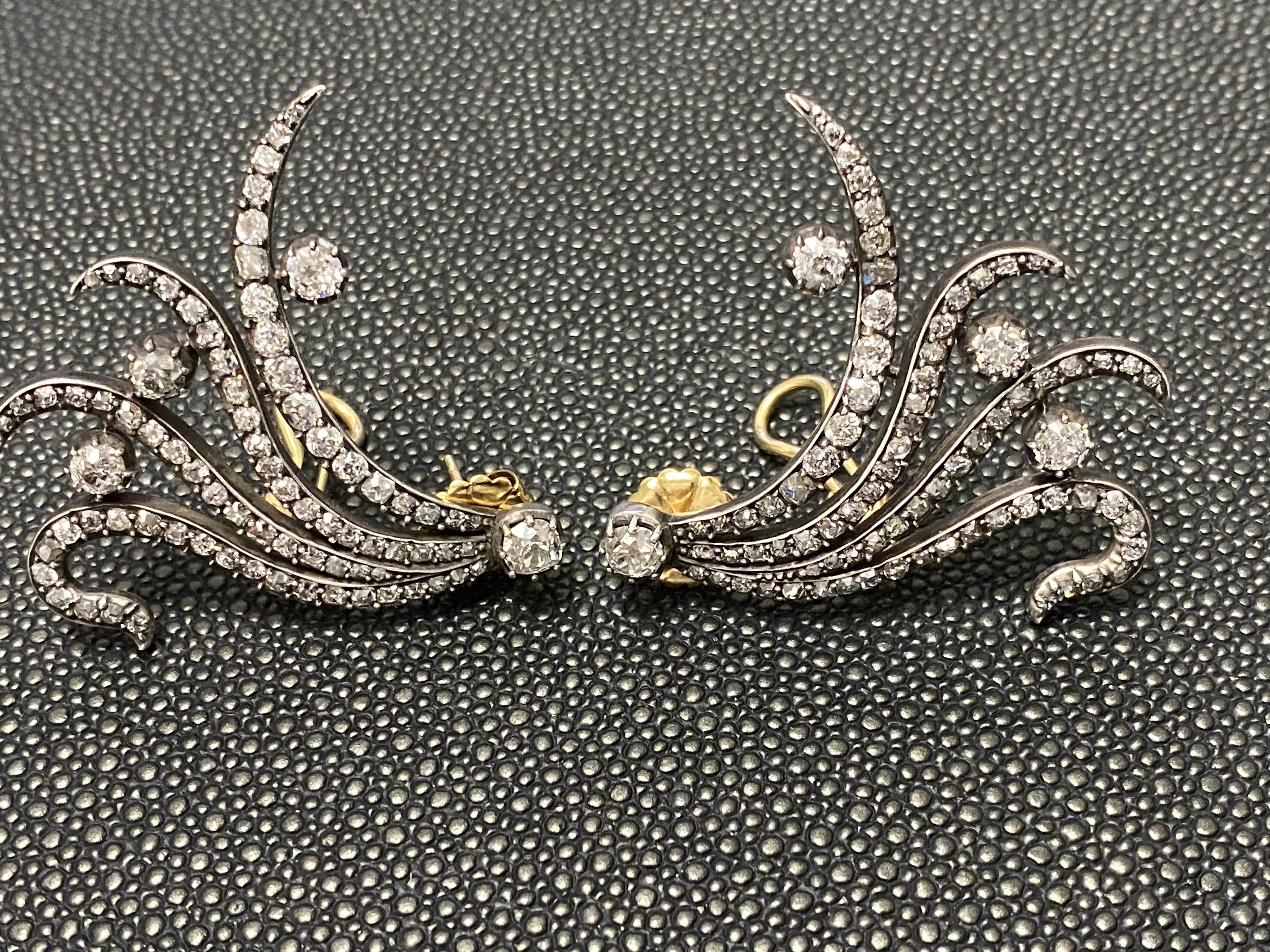 Old European Cut Mindi Mond 7.60 Carat Diamond Edwardian Style Silver Gold Wing Ear Pendants For Sale