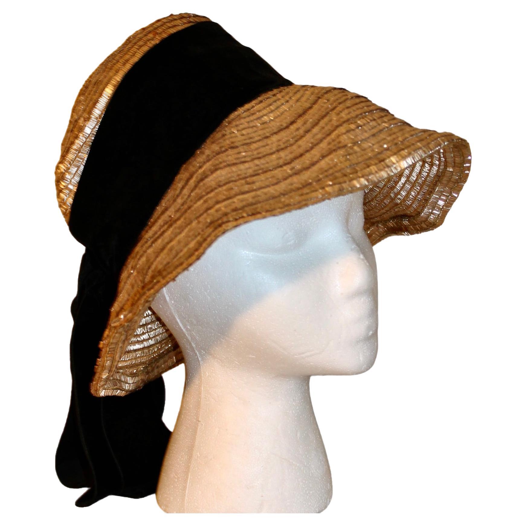 VTG Georgi 50s Women Hat Natural Straw Hat Netting Feather Grosgrain  Hatband 21