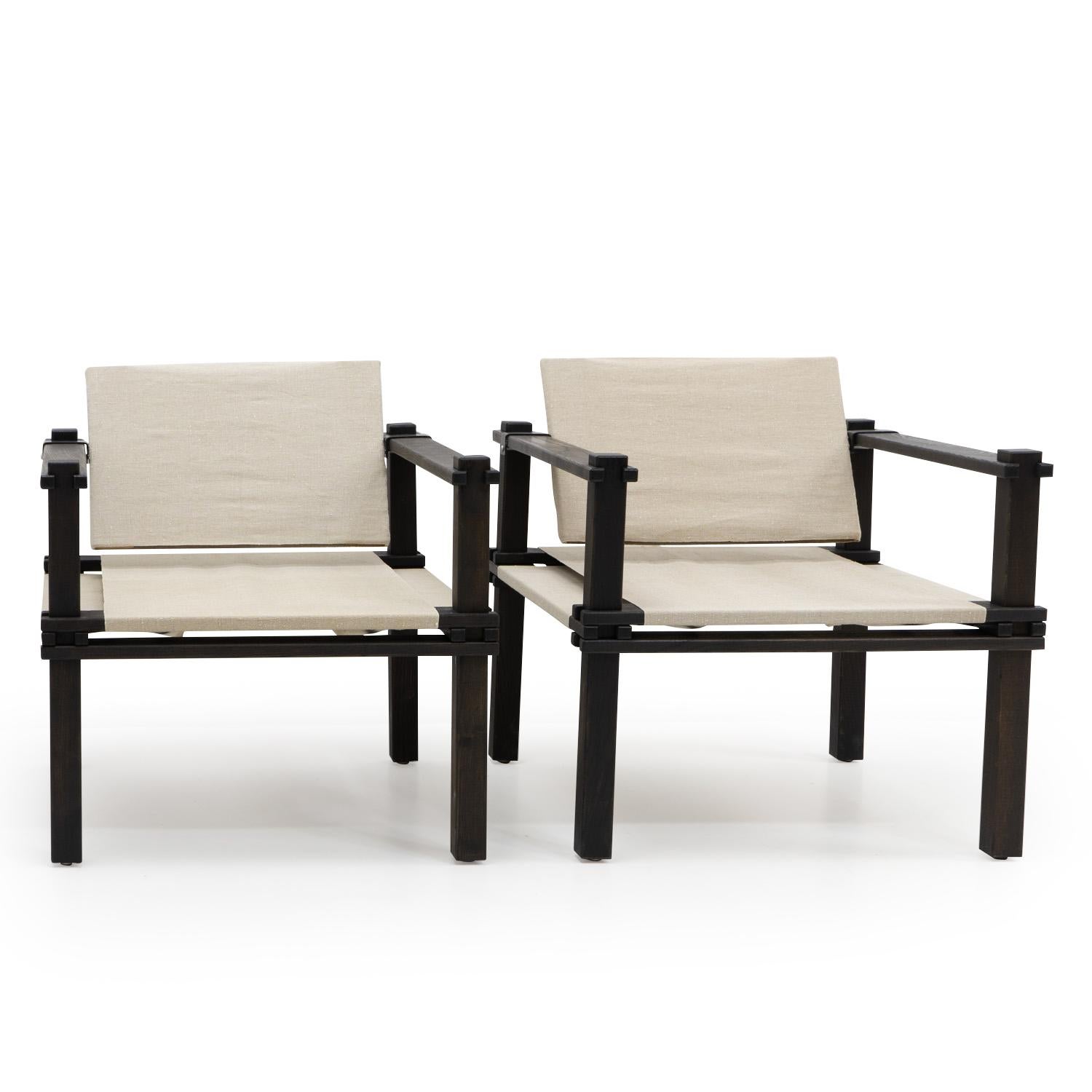 These two armchairs, designed by Gerd Lange, are part of the Farmer furniture series produced by Bofinger starting in 1965. Known for their easily disassembled design, the Farmer series also includes a table, cabinet, and bed. 

The armchairs are