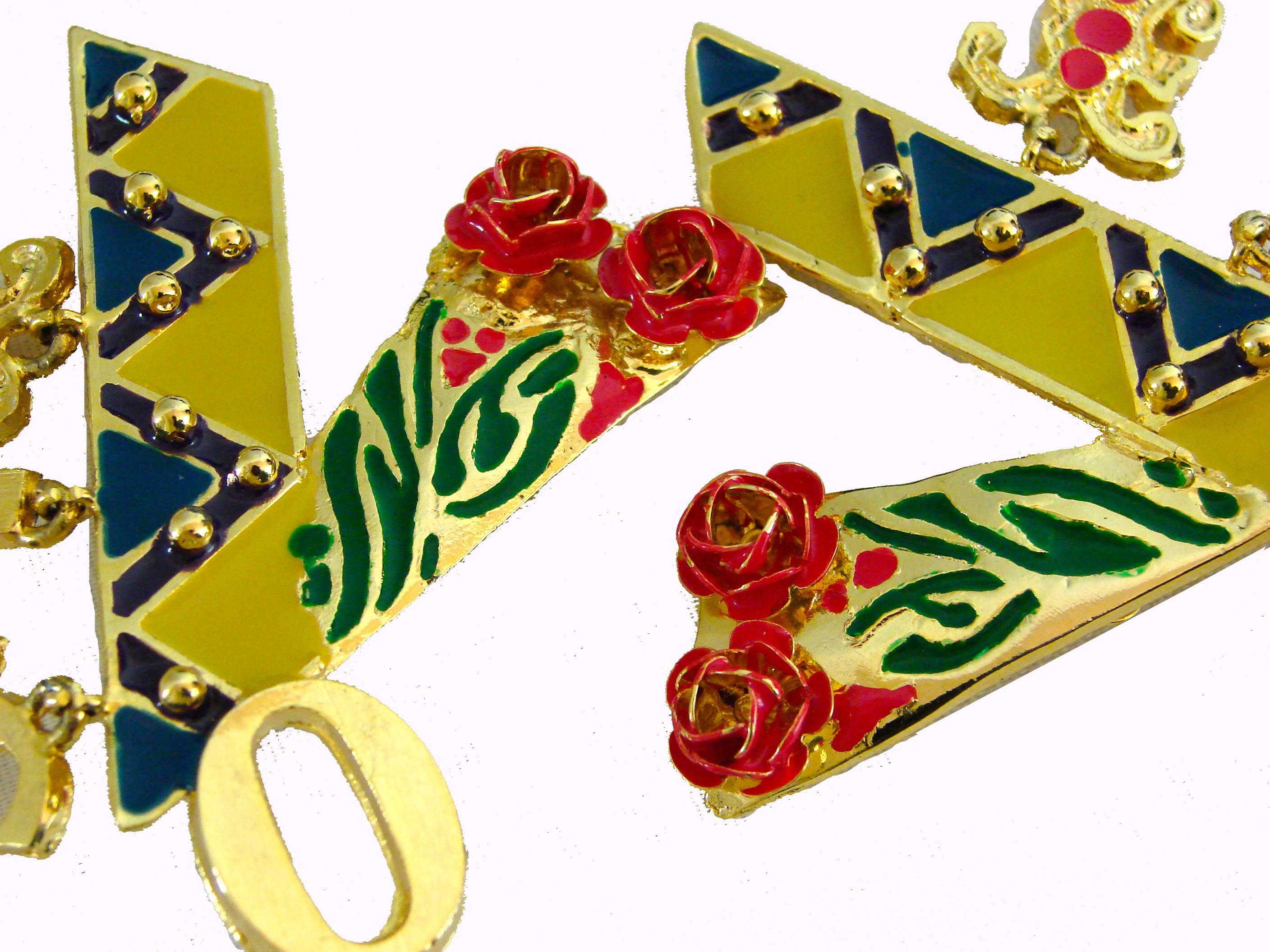 Contemporary Original Gianni Versace Large Vogue Cover Earrings Enamel with Roses 1990s + Box