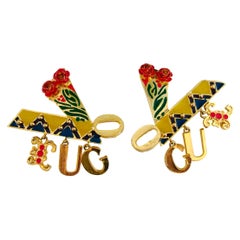 Original Gianni Versace Large Vogue Cover Earrings Enamel with Roses 1990s + Box