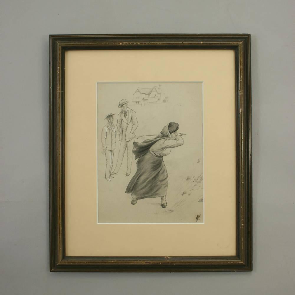 Golf painting.
An original work of art. Golf drawing, critical spectators. Pen and ink drawing of a woman golfer.
Initialled, F.E.C.
 