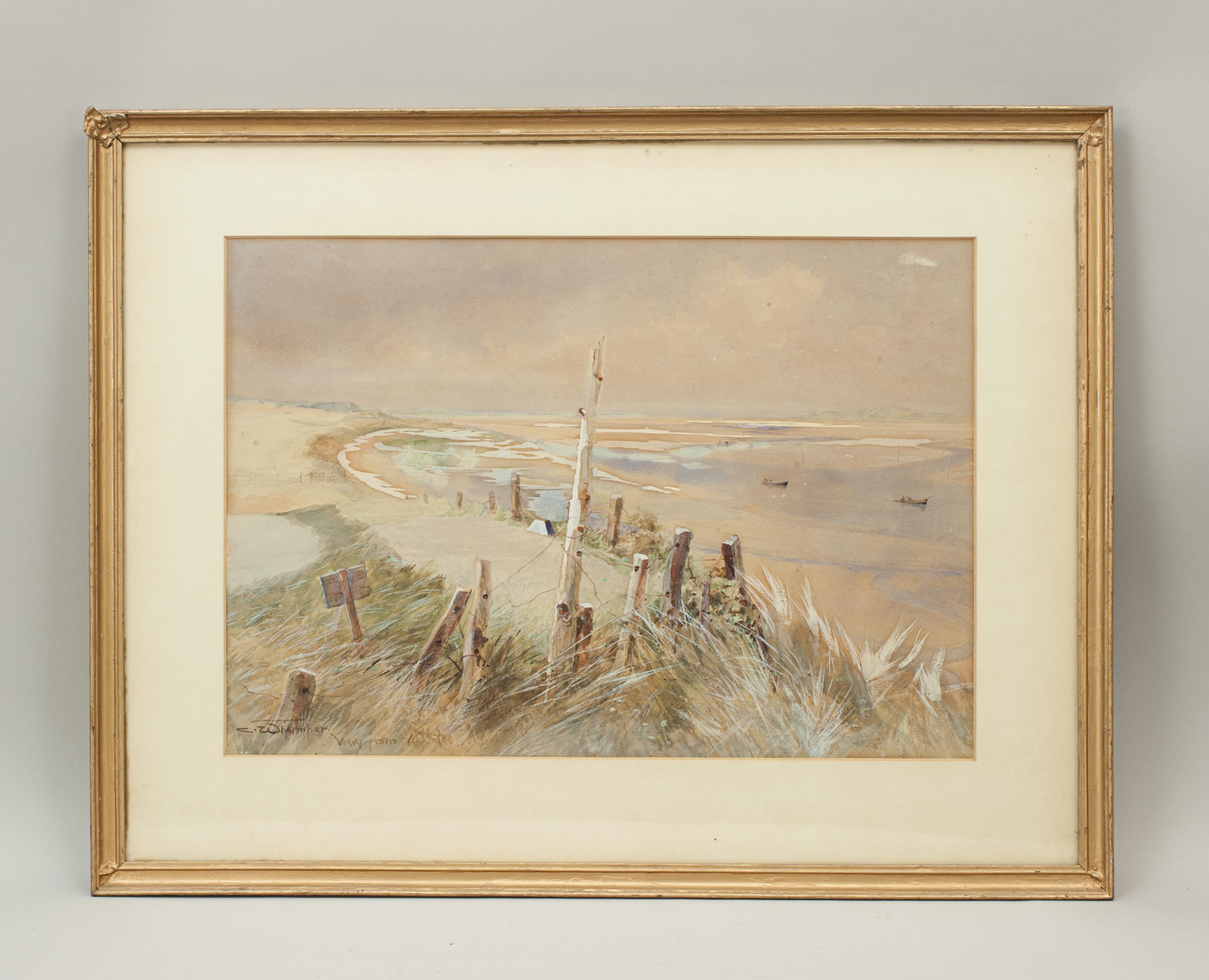View from the 10th tee at Brancaster golf club by Charles Whymper.
A wonderful framed original watercolor painting of the view from the 10th tee at Brancaster Golf Club. Signed by the artist, Charles Whymper, with the title view from 10th tee. A