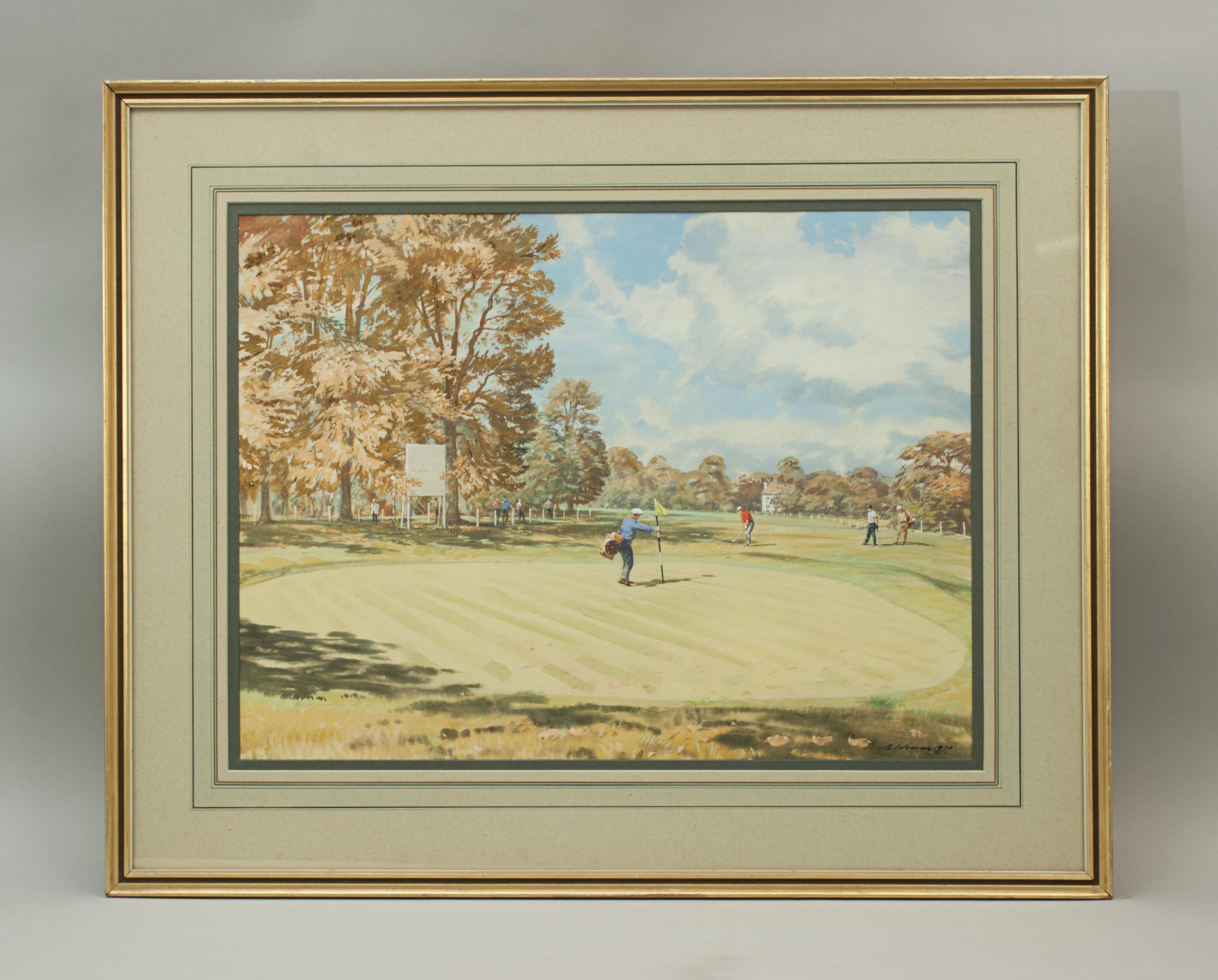 An excellent original golf watercolour and gouache of the 18th green at Wentworth by Arthur Weaver. The picture depicting a golfer chipping onto the 18th green, the flag being manned by his caddie. His playing partner and caddy are stood to the