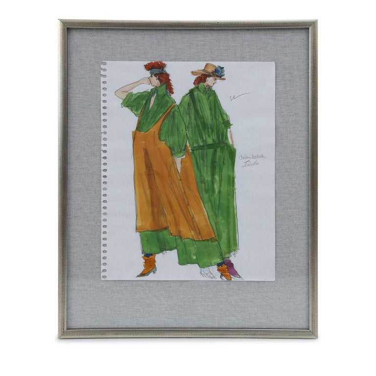 Original Gordon Henderson fashion sketches, watercolor and pencil on paper. Signed and framed (listed measurements includes frame). Each sketch measures approximately: 13.75 inches high x 11 inches wide and is floated mounted upon a worn gray linen