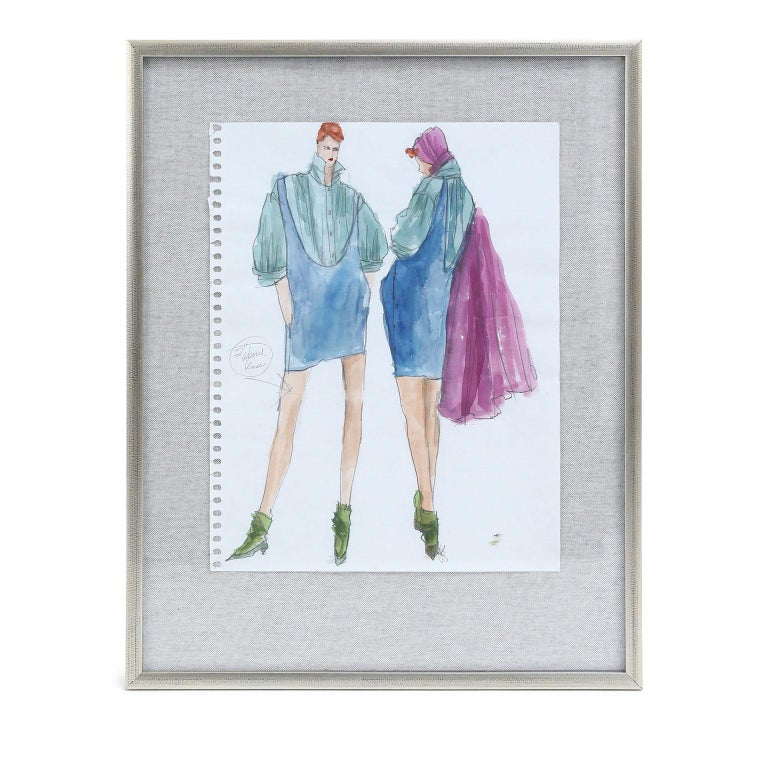 Original Gordon Henderson fashion sketches, watercolor and pencil on paper. Signed and framed (listed measurements includes frame). Each sketch measures approximately: 13.75 inches high x 11 inches wide and is floated mounted upon a worn gray linen