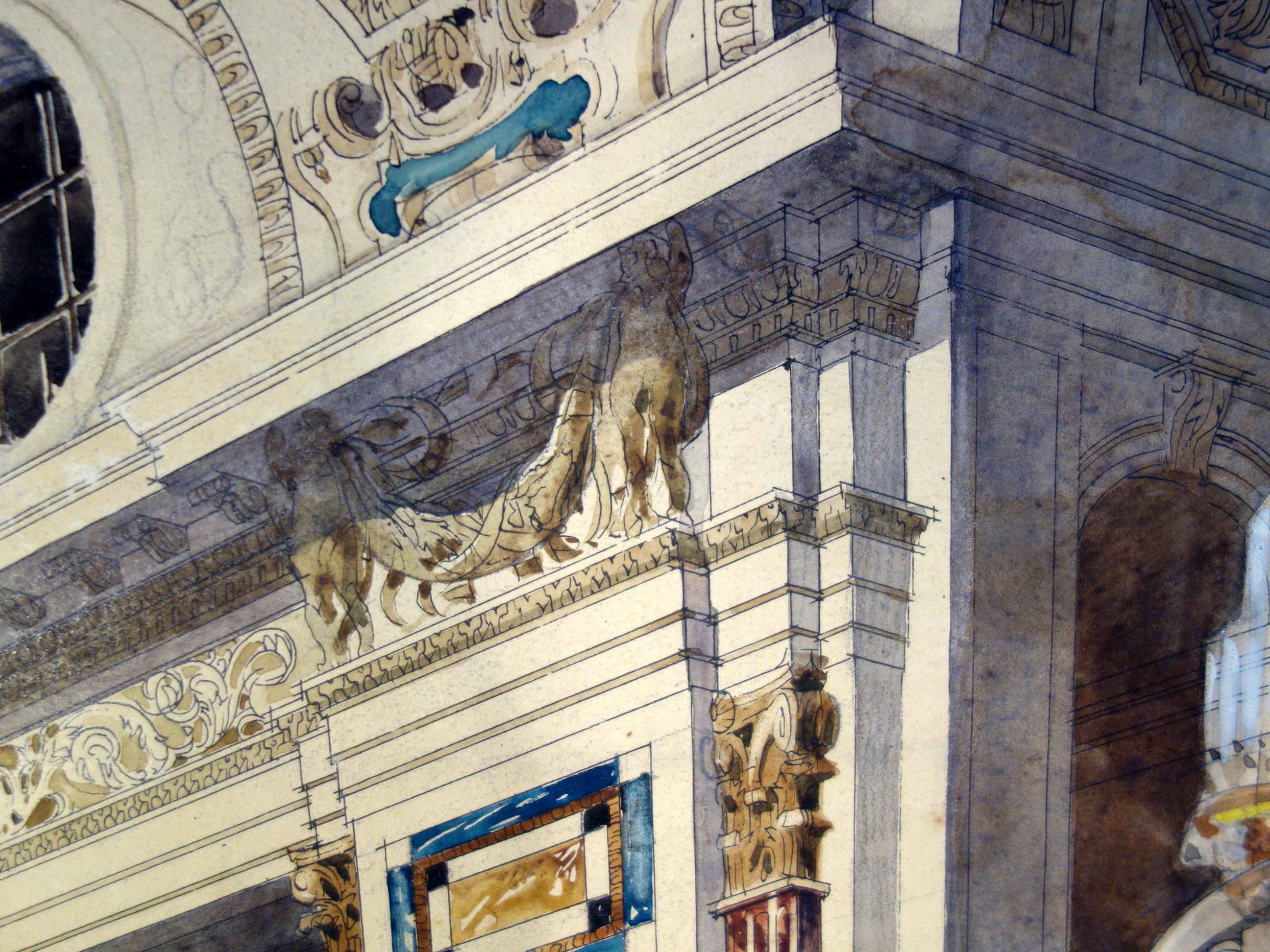 Original Gouache & Ink Architectural Masterwork of Vienna Hofburg Palace, 1910  For Sale 4