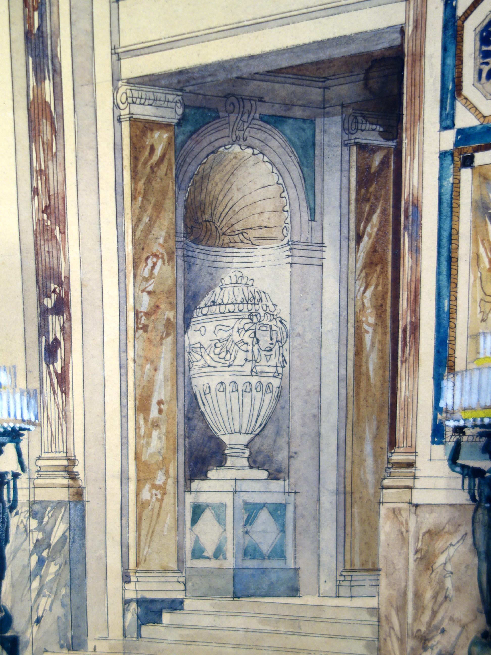 Original Gouache & Ink Architectural Masterwork of Vienna Hofburg Palace, 1910 For Sale 6