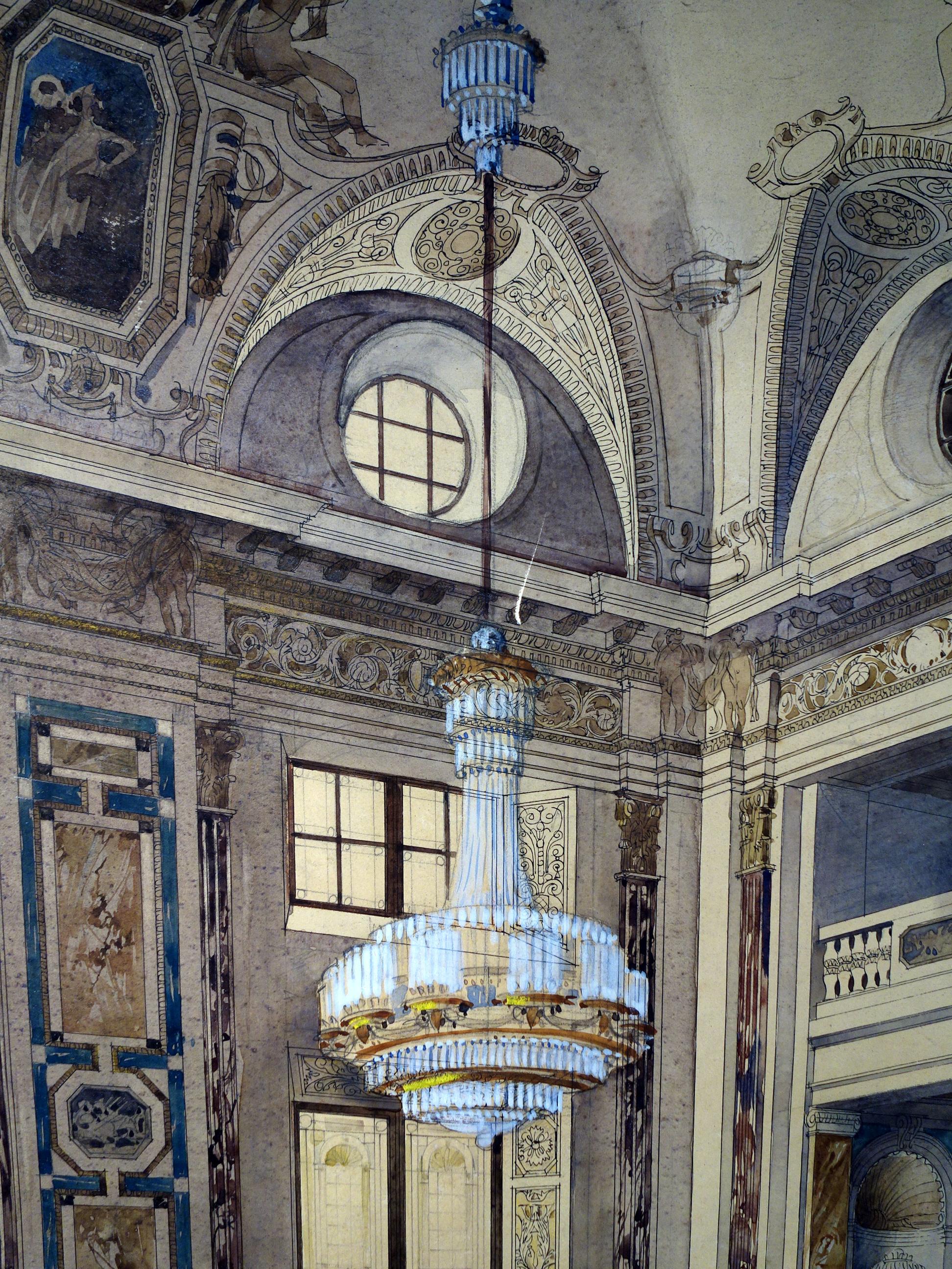 Hand-Painted Original Gouache & Ink Architectural Masterwork of Vienna Hofburg Palace, 1910  For Sale