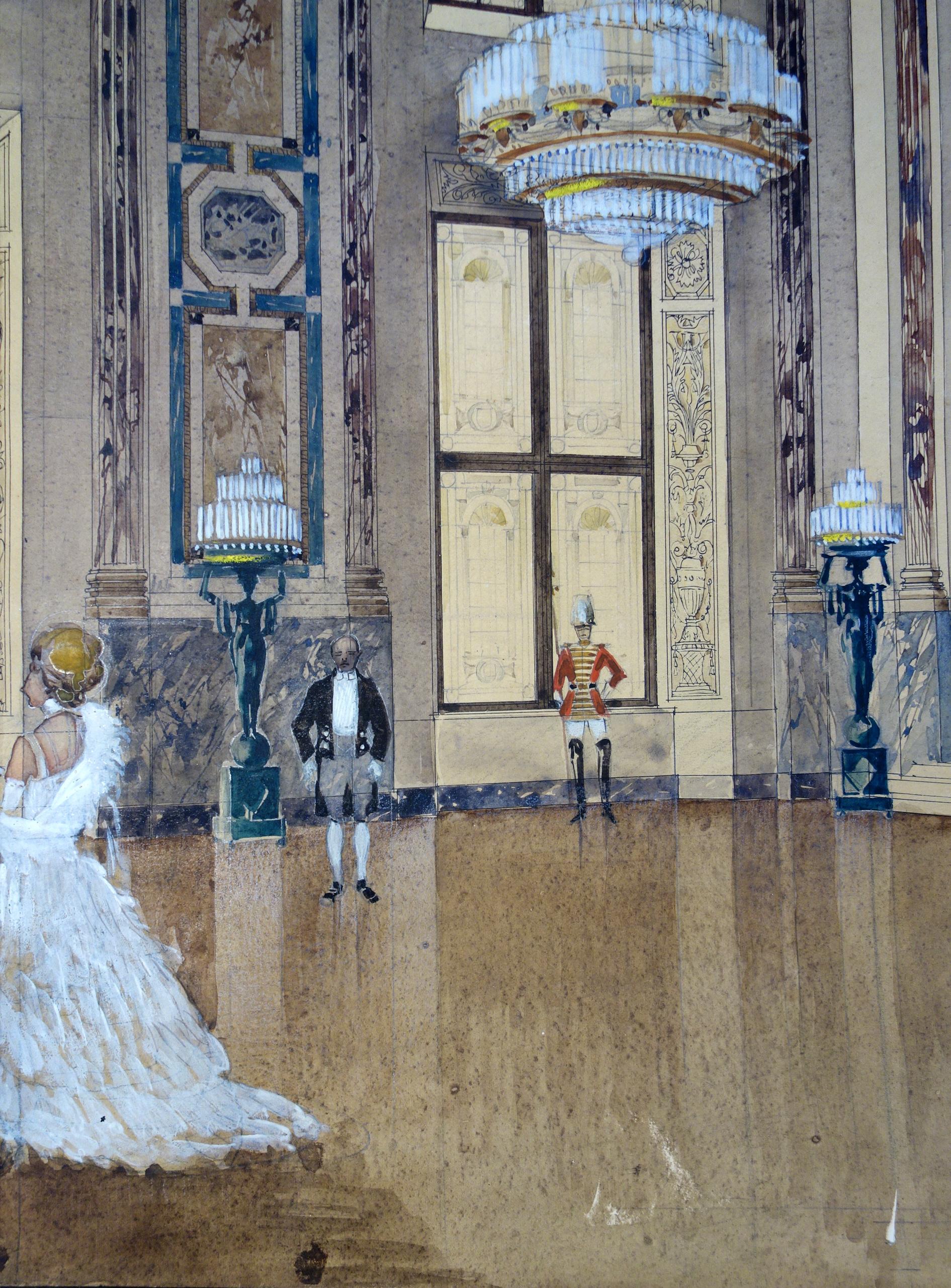 Original Gouache & Ink Architectural Masterwork of Vienna Hofburg Palace, 1910  In Good Condition For Sale In Encinitas, CA