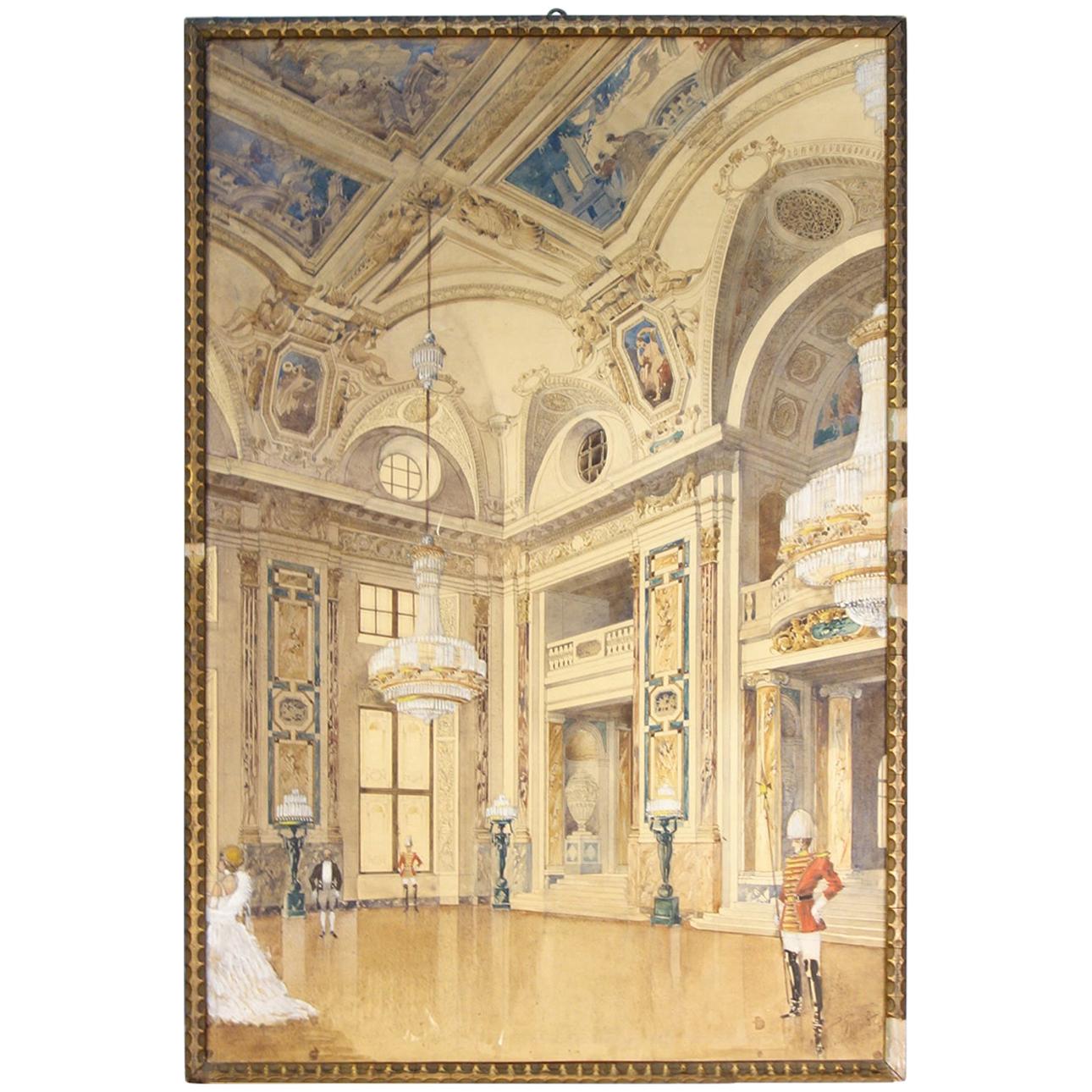 Original Gouache & Ink Architectural Masterwork of Vienna Hofburg Palace, 1910  For Sale