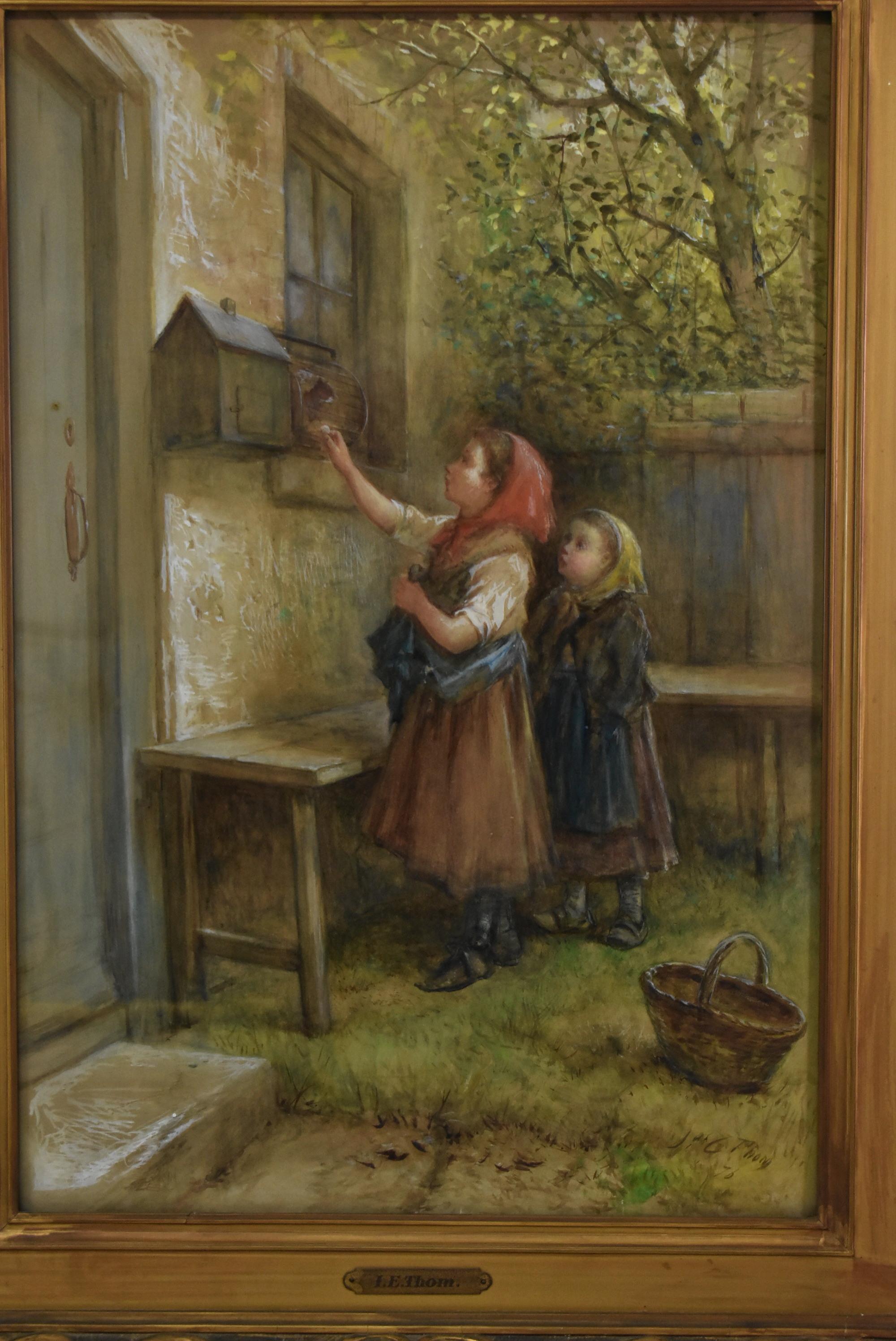 Original Gouche on paper by artist James Crawford Thom 1835-1898. Two girls in backyard feeding a squirrel in a wheel cage. Nice details. Signed lower right. J. C. Thom.