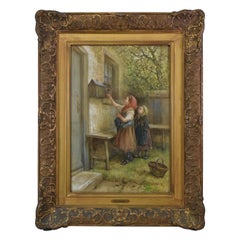Original Gouche Painting by James Crawford Thom Two Girls Feeding a Squirrel