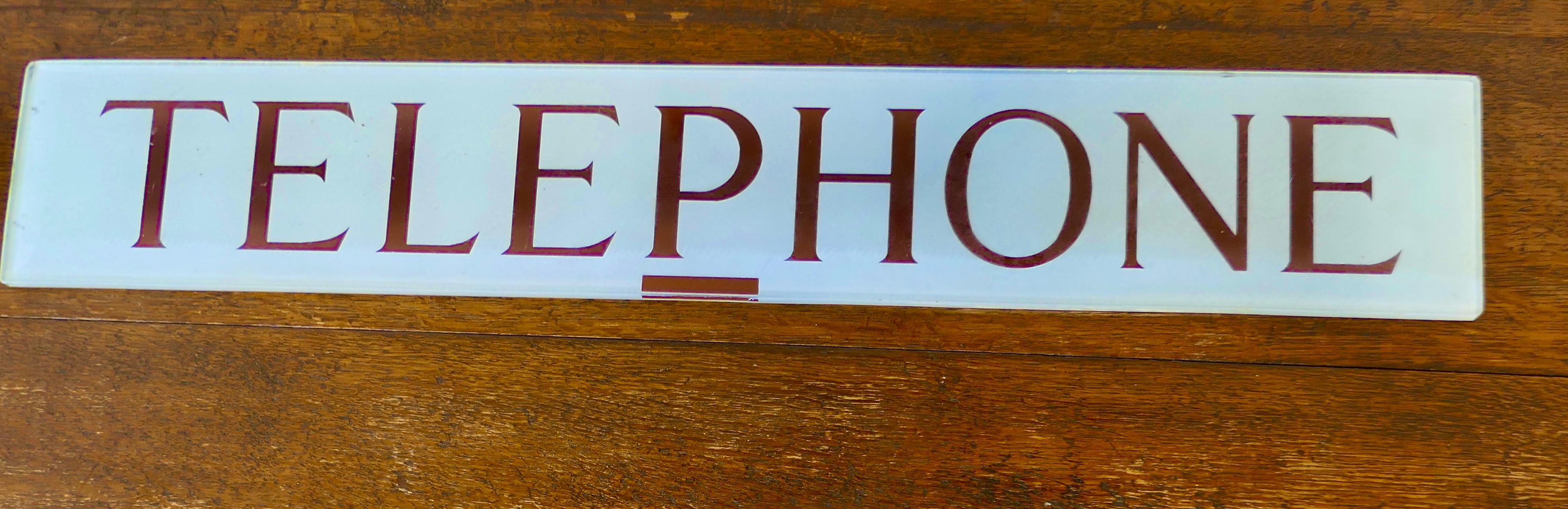 Mid-Century Modern Original GPO Glass “TELEPHONE” sign from a Red Phone Box  From the 1950s   For Sale
