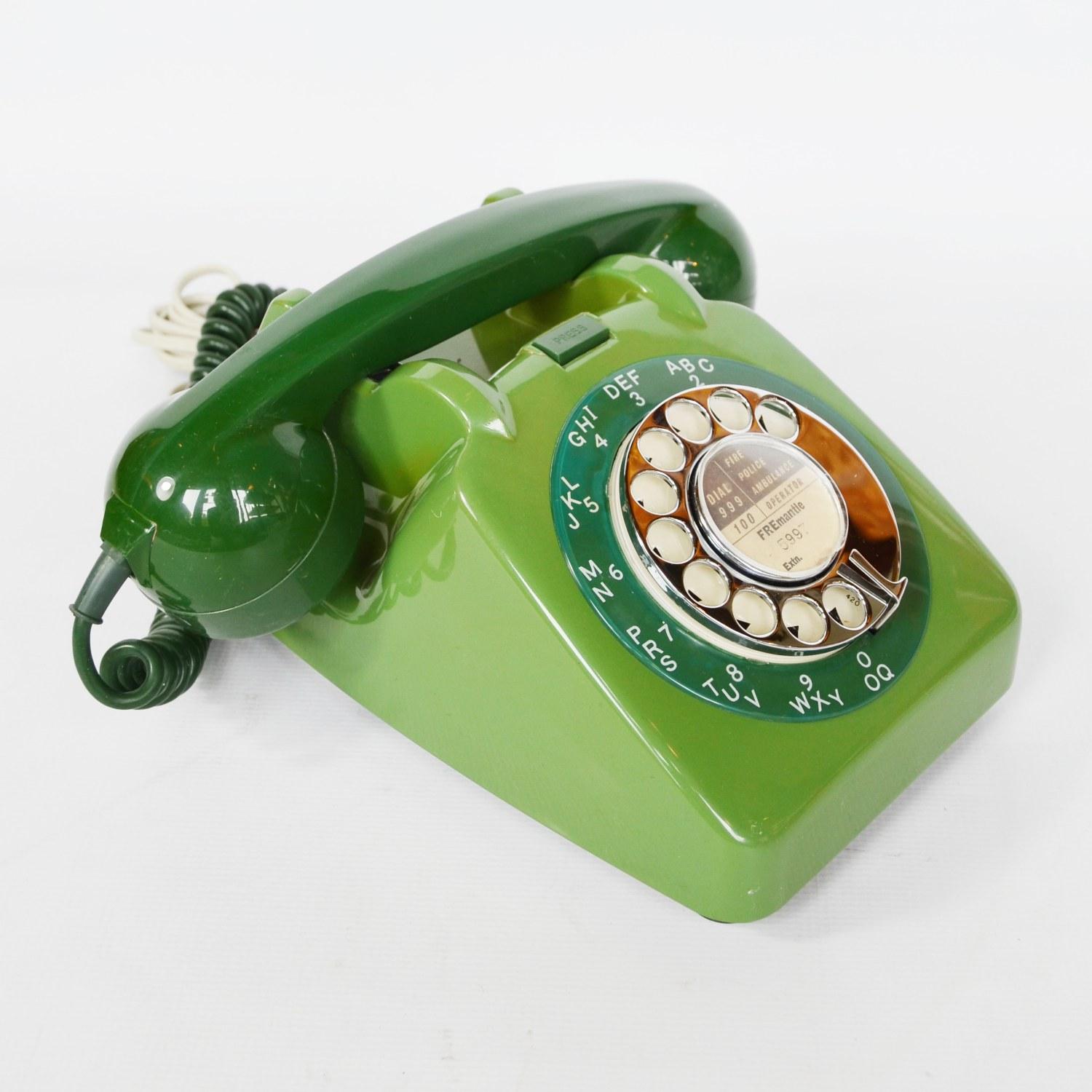An original GPO model 706L telephone. Two-tone green with bell control switch at front.

Dimensions: H 14. 5cm, W 10 cm, D 22 cm

Origin: English

Date: circa 1960

Item no: 110215

All of our telephones are fully refurbished, re-wired and