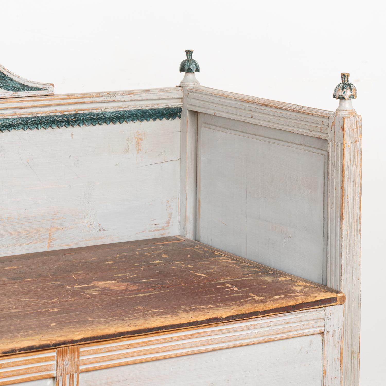 Original Gray Painted Gustavian Bench with Storage, Sweden circa 1820-40 For Sale 4