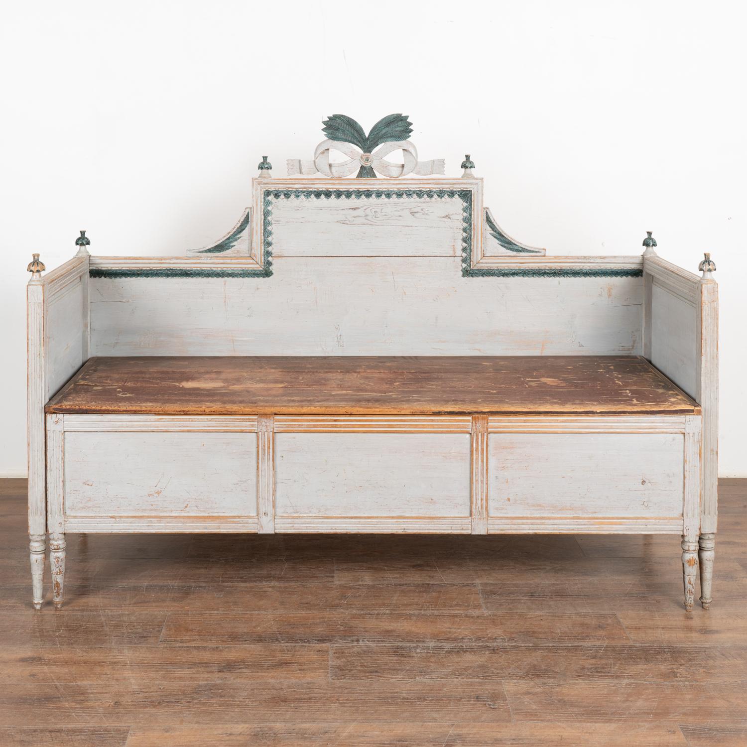 Swedish Original Gray Painted Gustavian Bench with Storage, Sweden circa 1820-40 For Sale