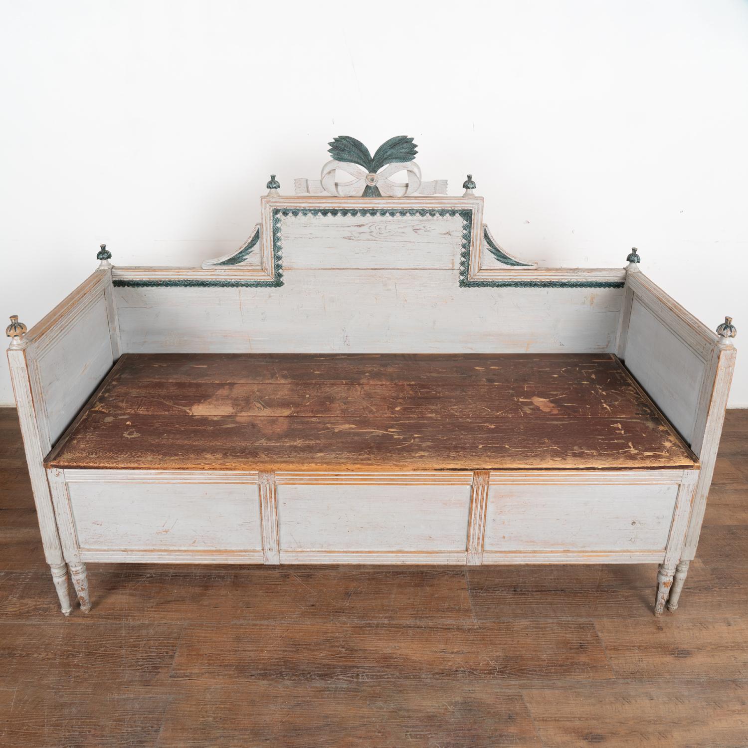 Pine Original Gray Painted Gustavian Bench with Storage, Sweden circa 1820-40 For Sale
