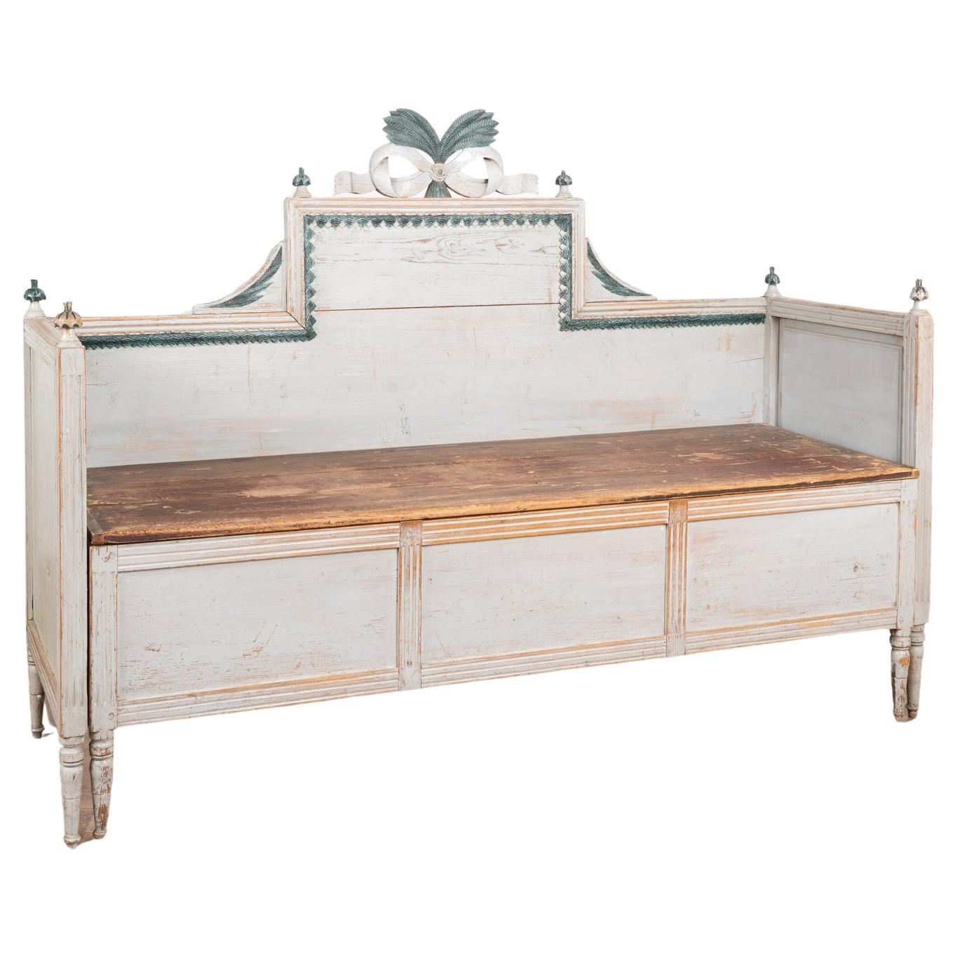 Original Gray Painted Gustavian Bench with Storage, Sweden circa 1820-40 For Sale
