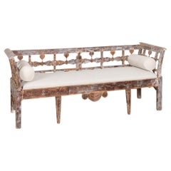 Original Gray Painted Swedish Gustavian Bench Settee, circa 1820-40