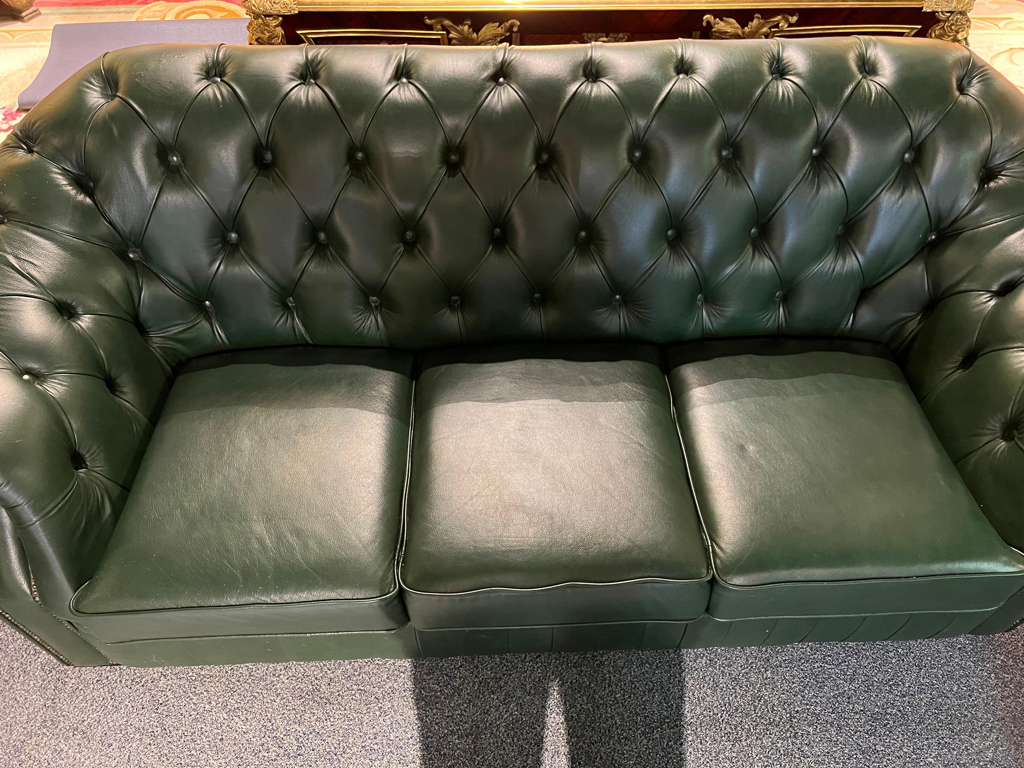 Leather Original Green Chesterfield Set Kent Modell Three and Two Seater and Armchair For Sale