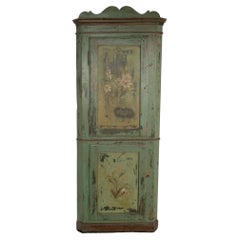 Original Green Painted Corner Cupboard Cabinet, Denmark circa 1860