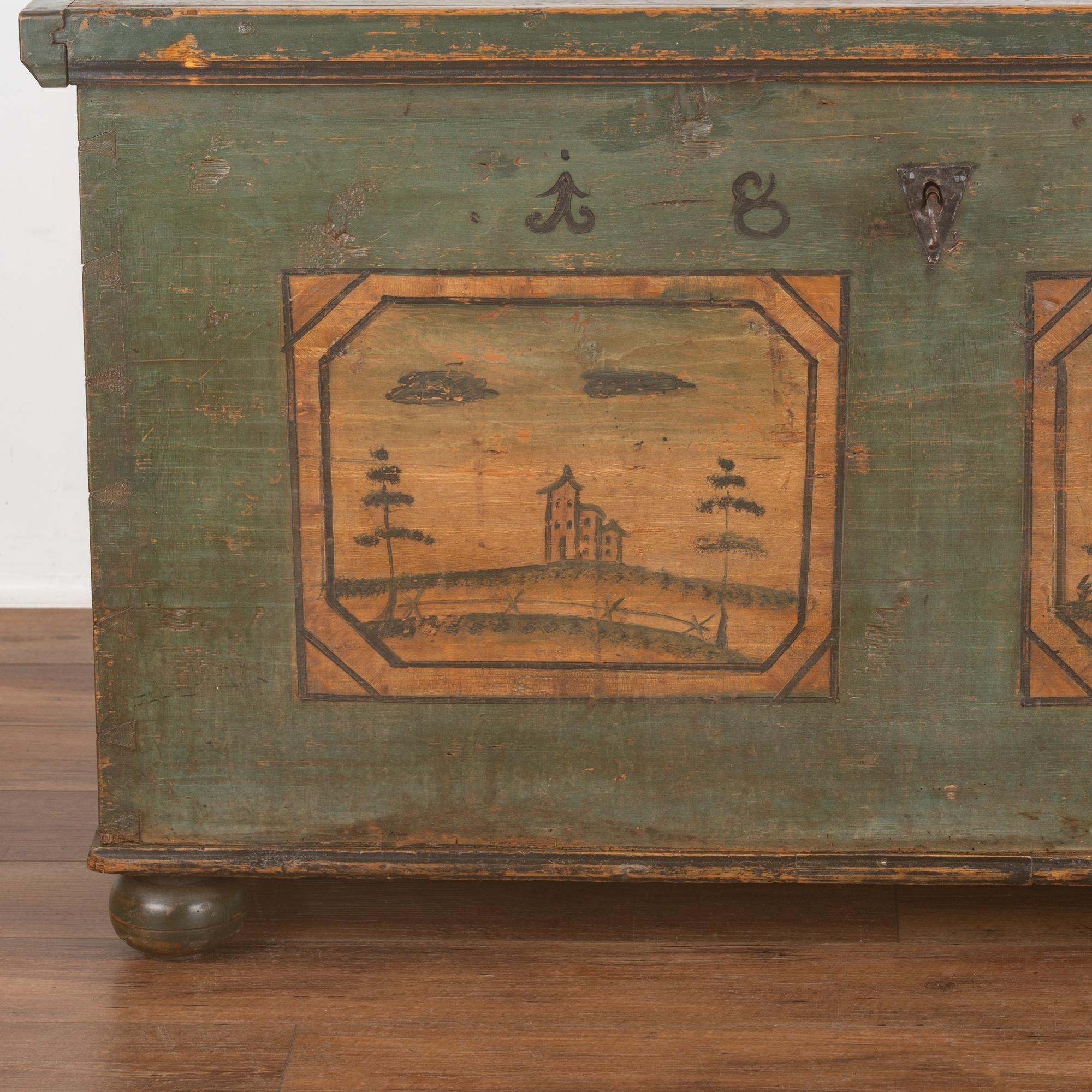Original Green Painted Flat Top Trunk, Austria dated 1808 For Sale 4