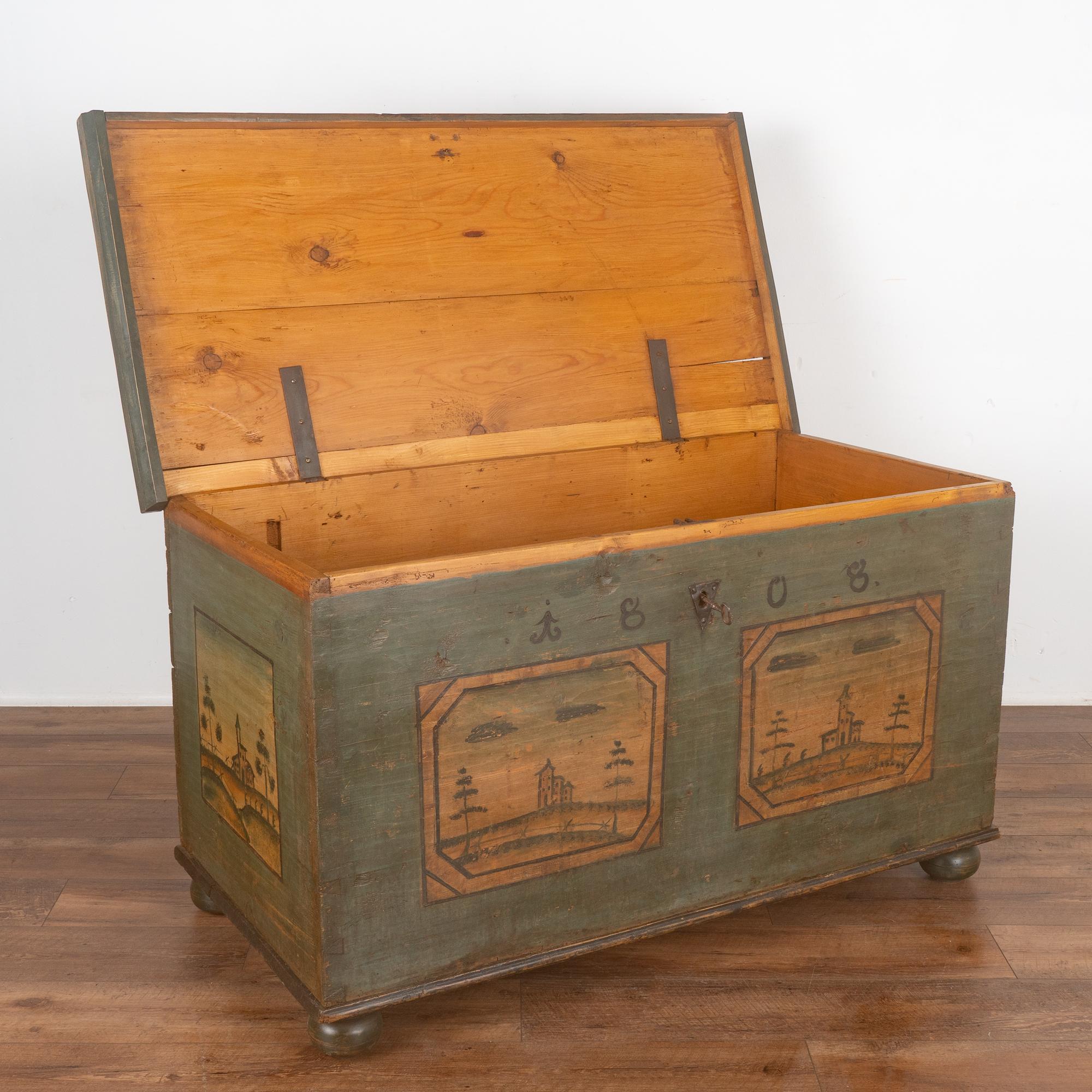 Country Original Green Painted Flat Top Trunk, Austria dated 1808 For Sale