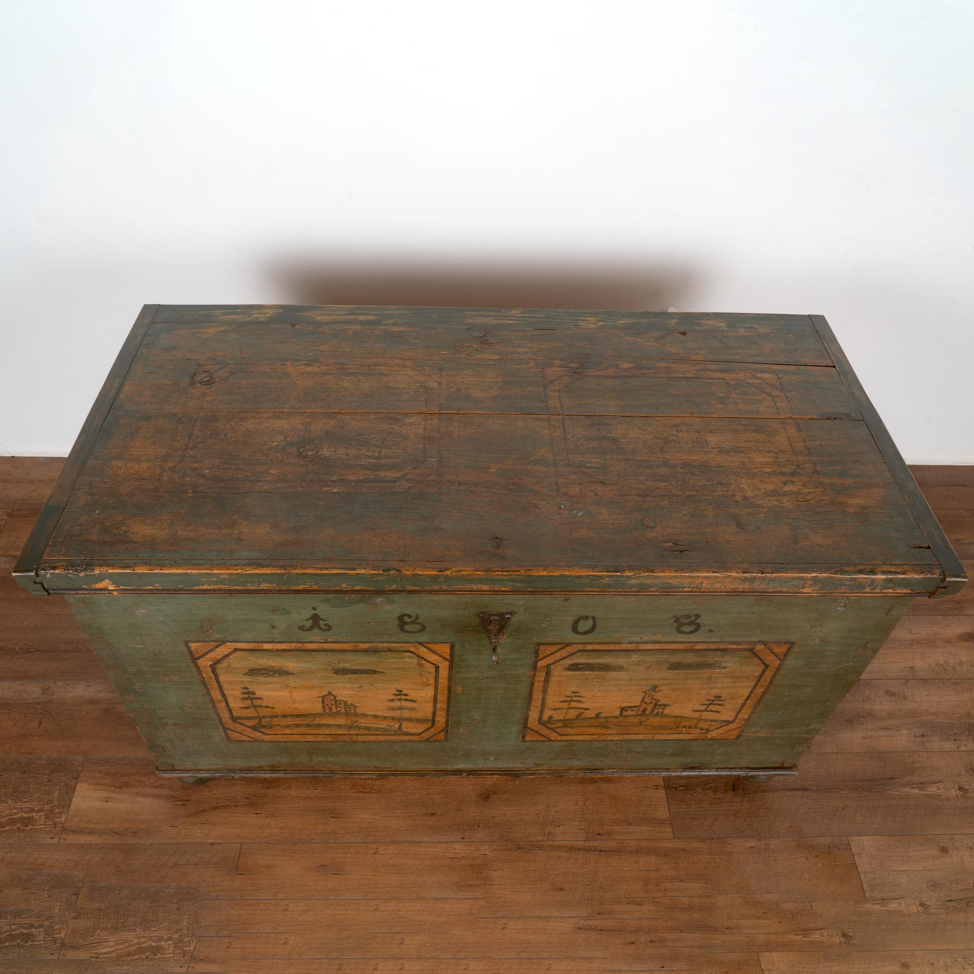 Original Green Painted Flat Top Trunk, Austria dated 1808 In Good Condition For Sale In Round Top, TX