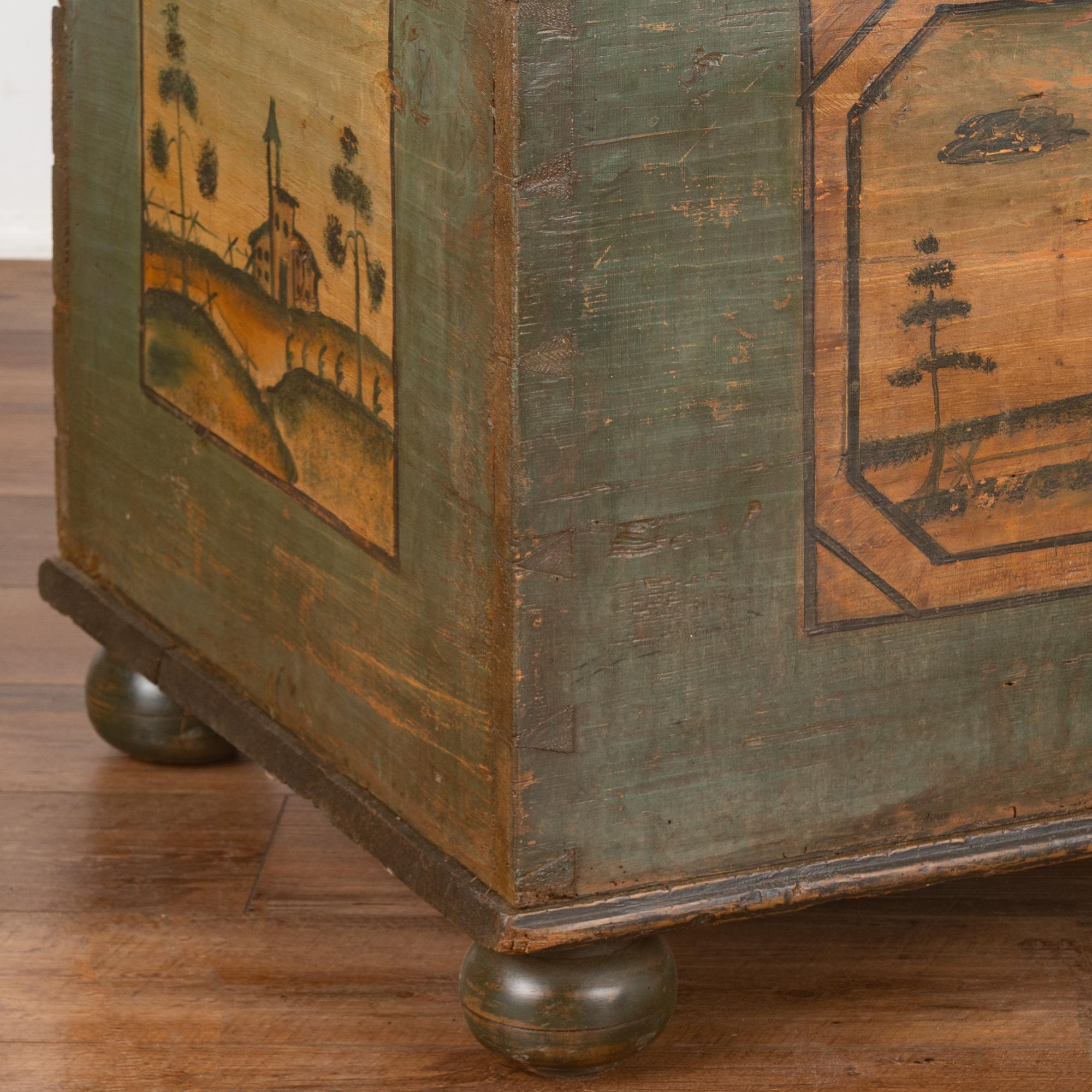 Pine Original Green Painted Flat Top Trunk, Austria dated 1808 For Sale