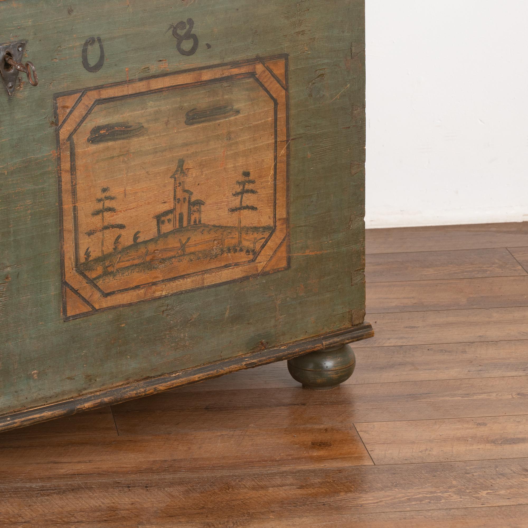 Original Green Painted Flat Top Trunk, Austria dated 1808 For Sale 1