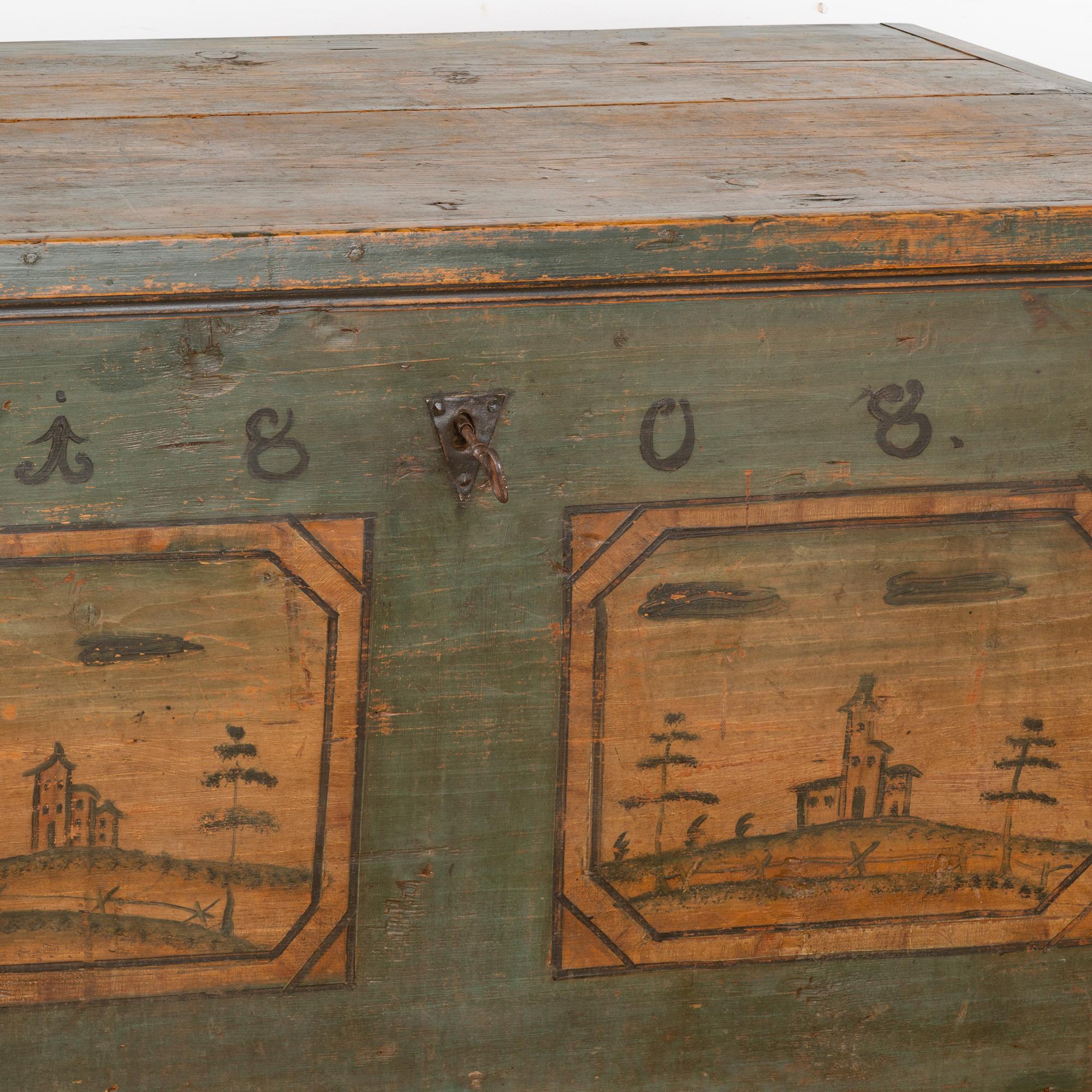 Original Green Painted Flat Top Trunk, Austria dated 1808 For Sale 2