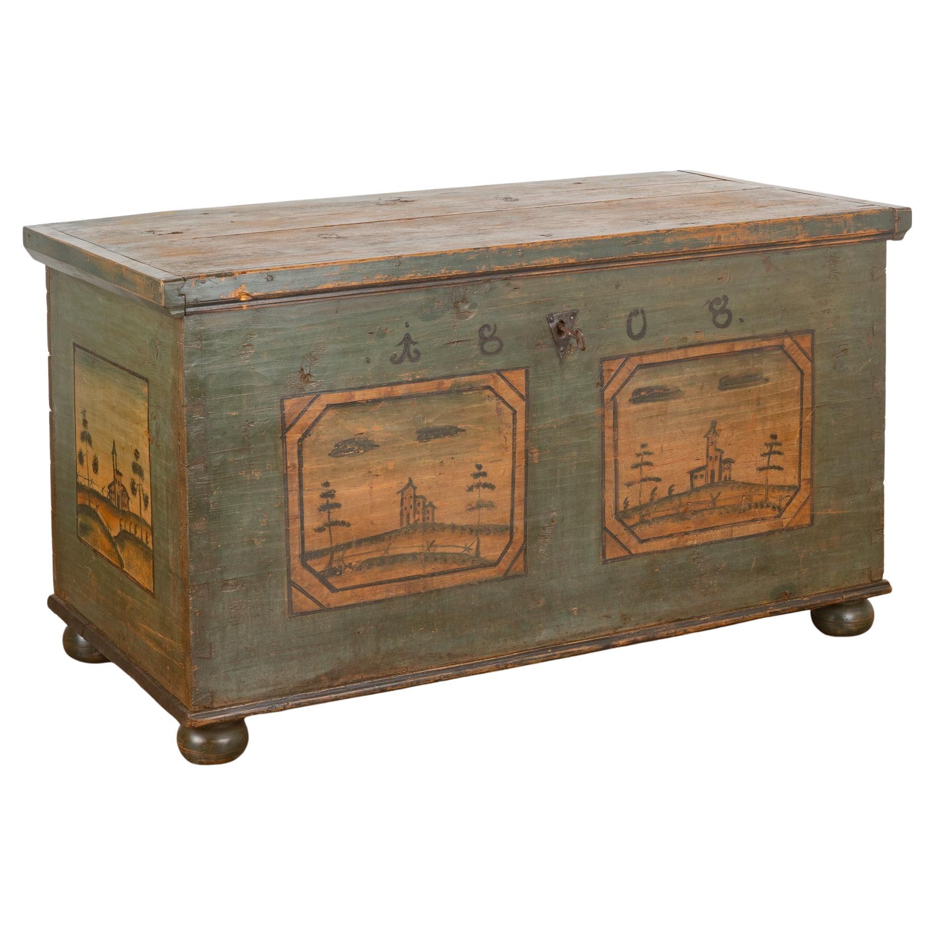 Original Green Painted Flat Top Trunk, Austria dated 1808 For Sale