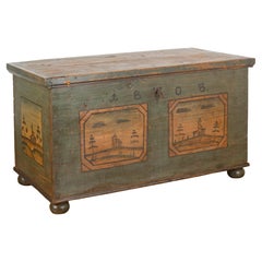 Used Original Green Painted Flat Top Trunk, Austria dated 1808