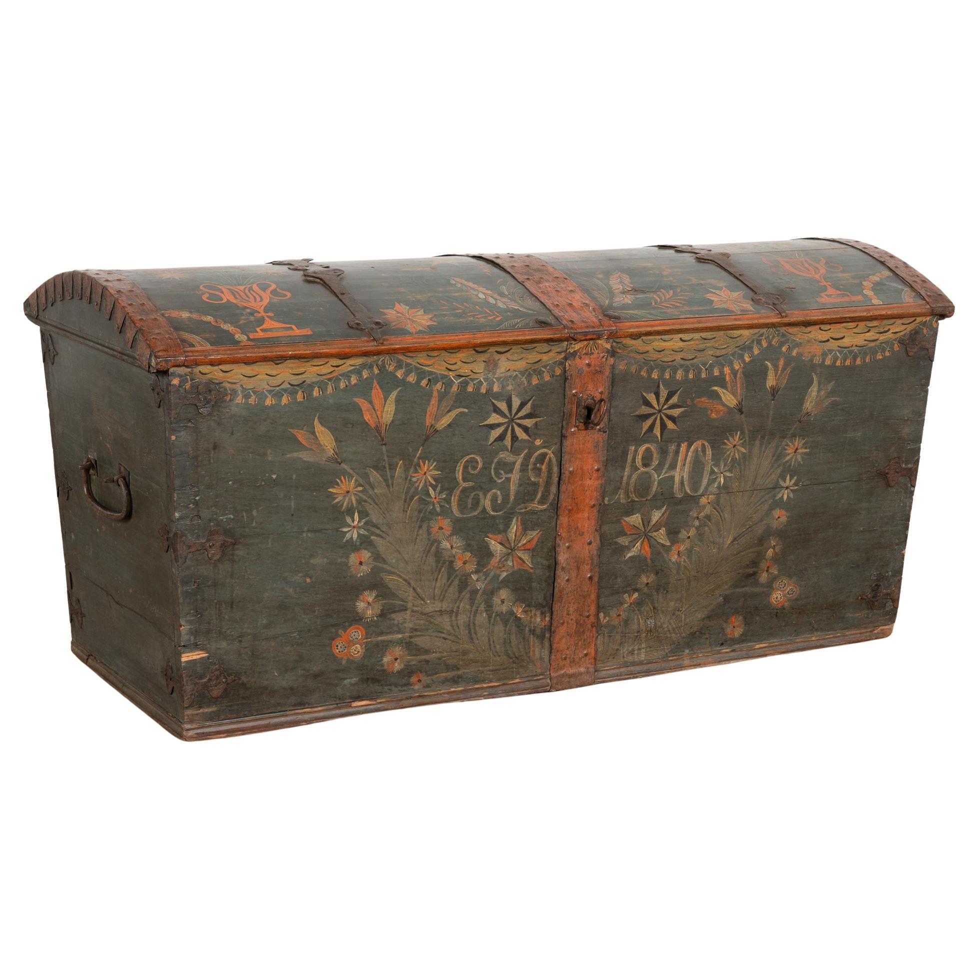 Original Green Painted Swedish Dome Top Trunk Dated 1840