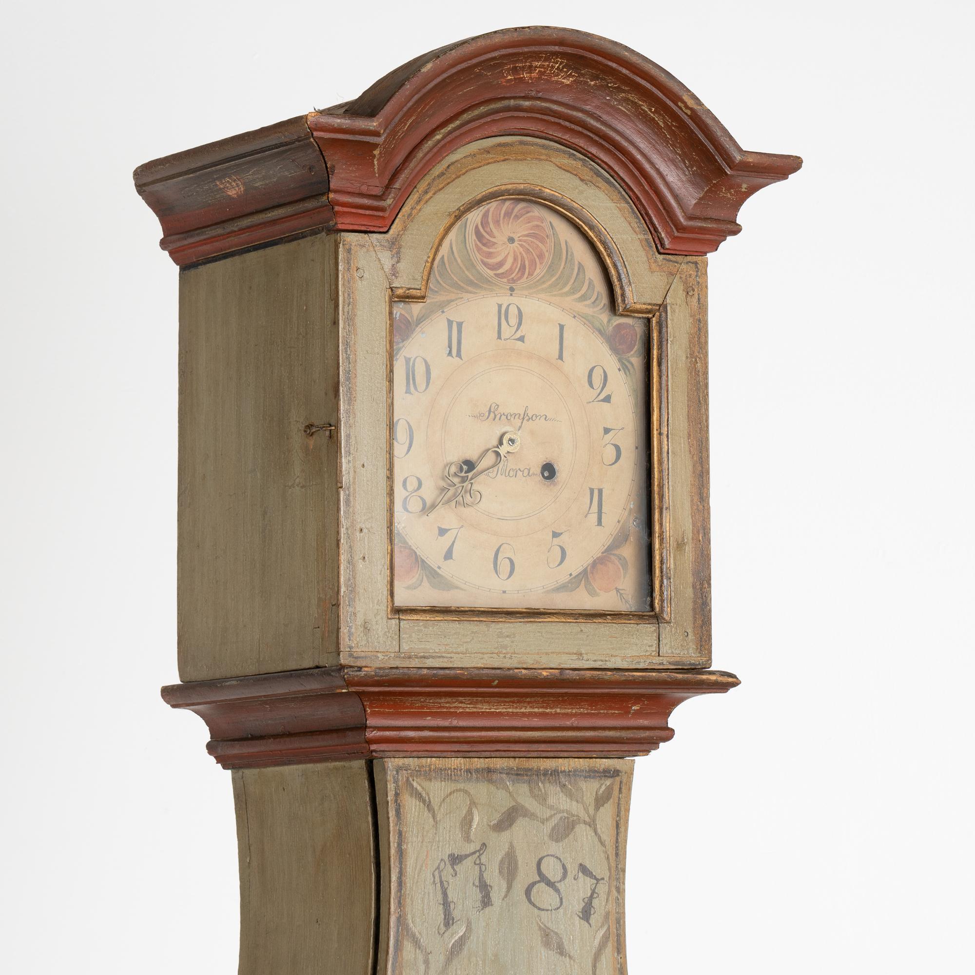 18th Century Original Green Painted Swedish Mora Grandfather Clock, Dated 1787 For Sale