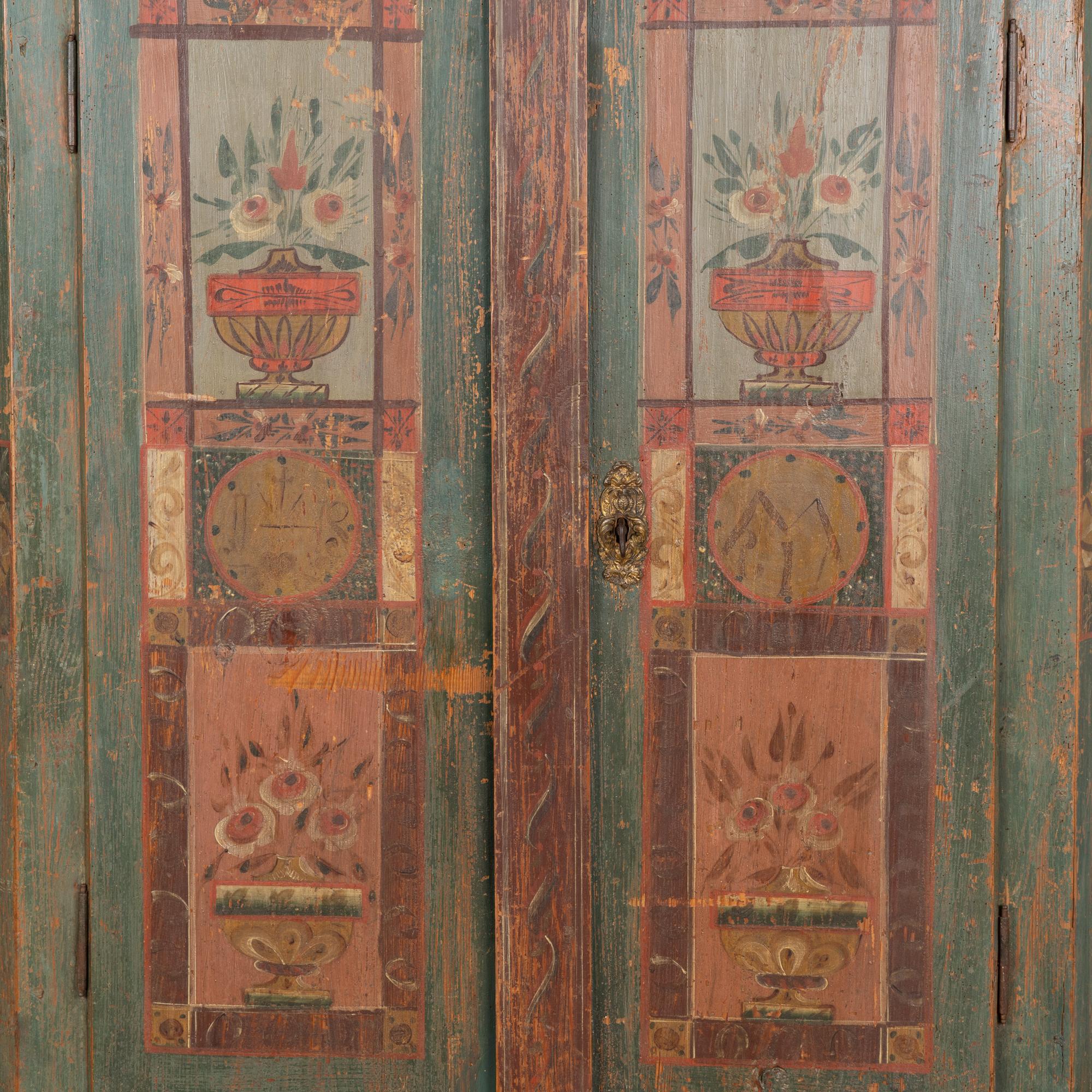 Pine Original Green Painted Two Door Armoire, Hungary circa 1840-60 For Sale